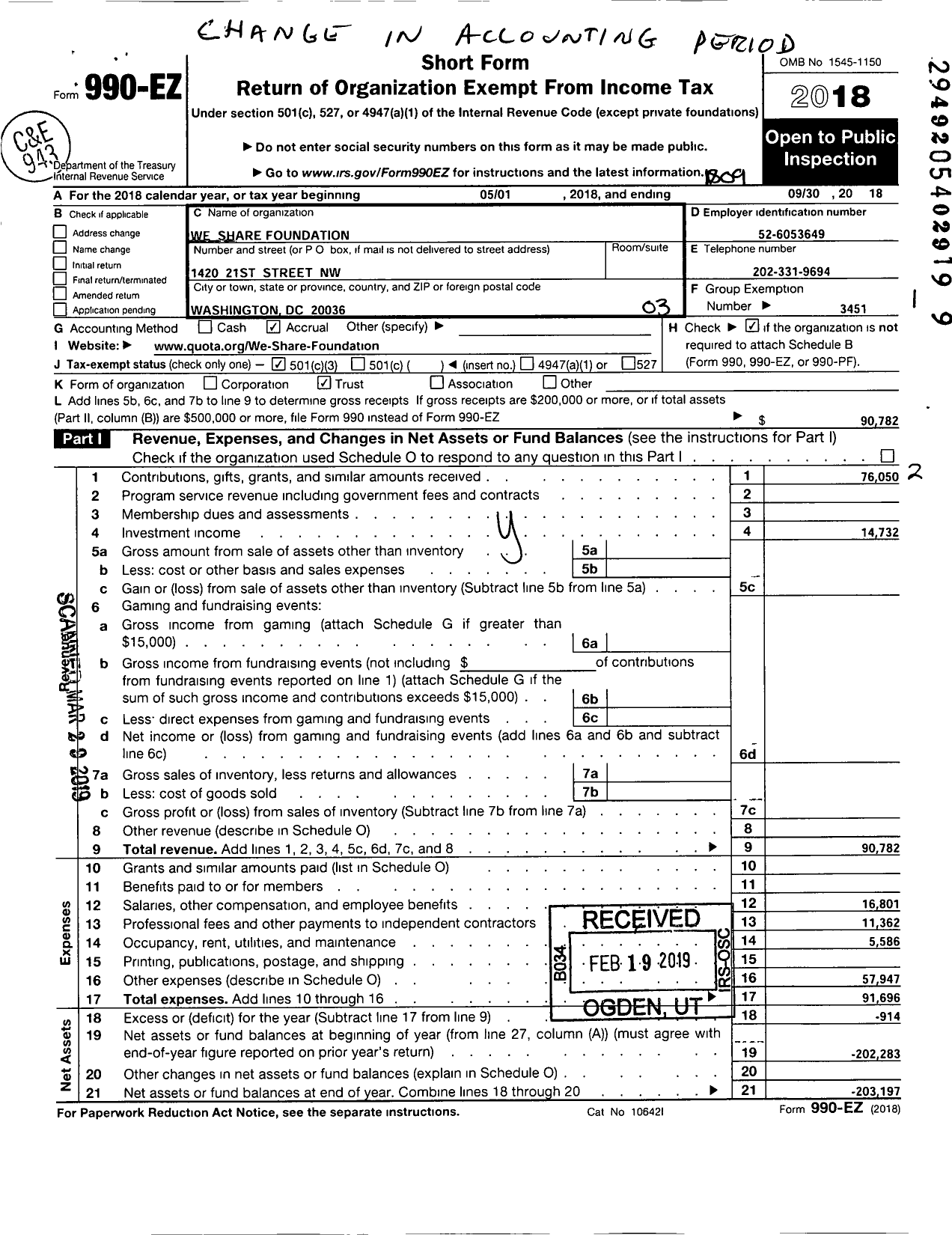 Image of first page of 2017 Form 990EZ for We Share Foundation