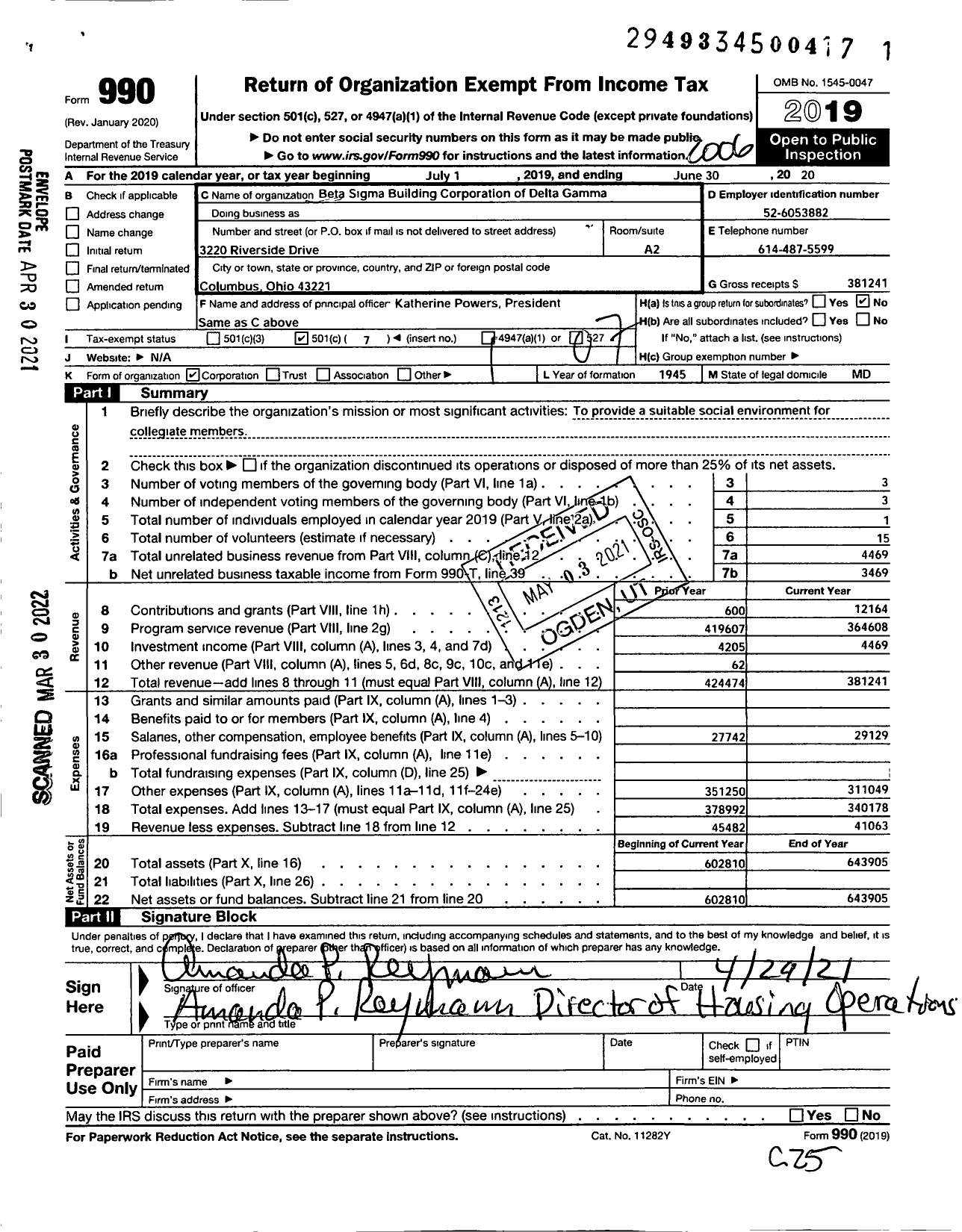 Image of first page of 2019 Form 990O for Beta Sigma Building Corporation of Delta Gamma