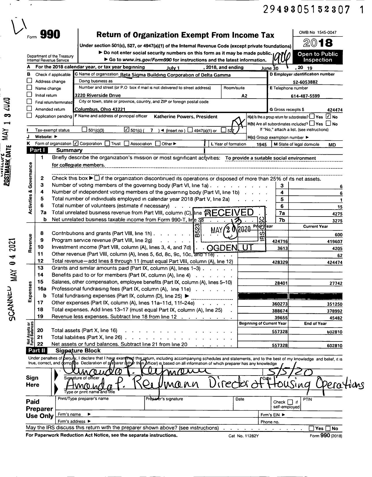 Image of first page of 2018 Form 990O for Beta Sigma Building Corporation of Delta Gamma