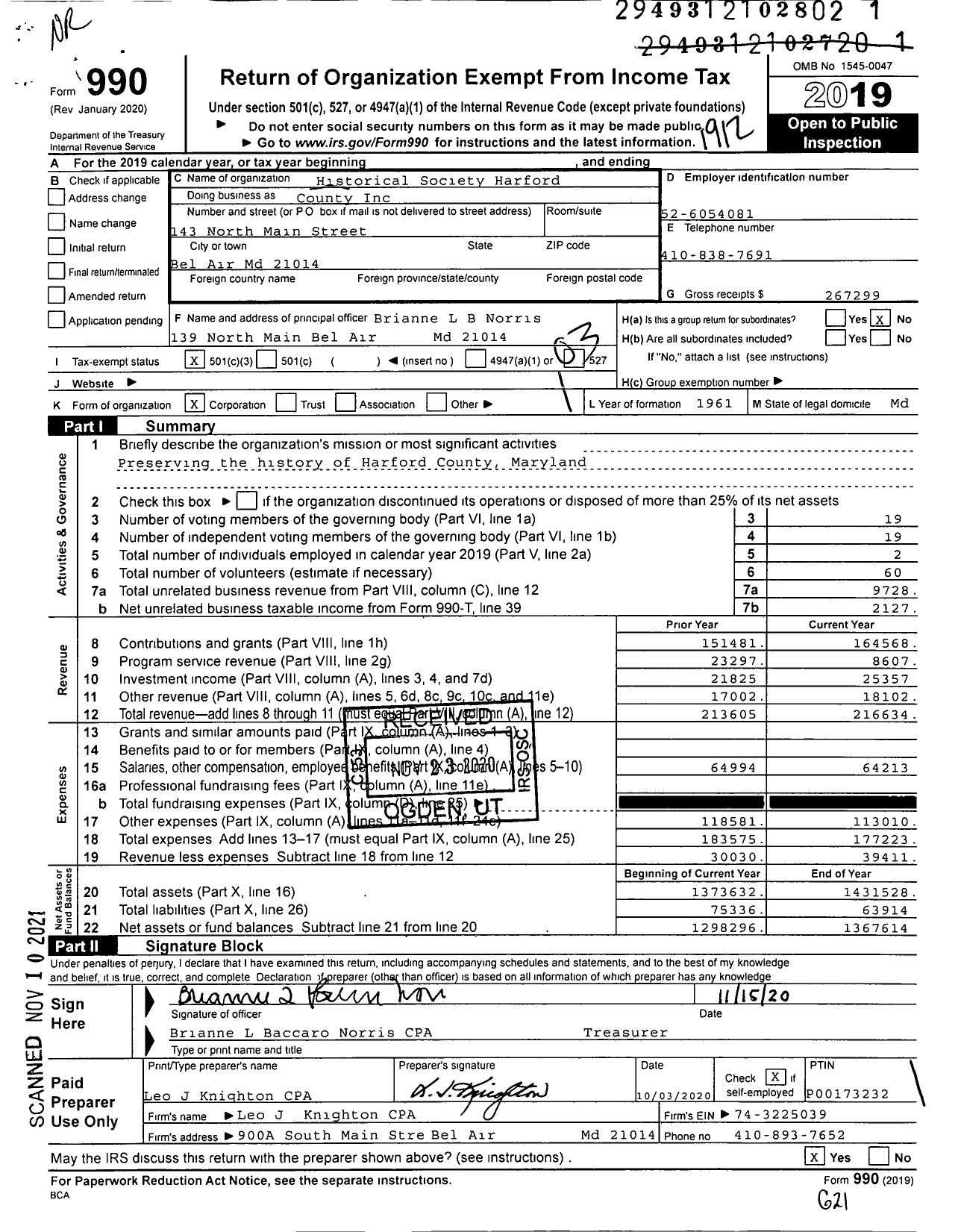 Image of first page of 2019 Form 990 for Historical Society Harford Cou