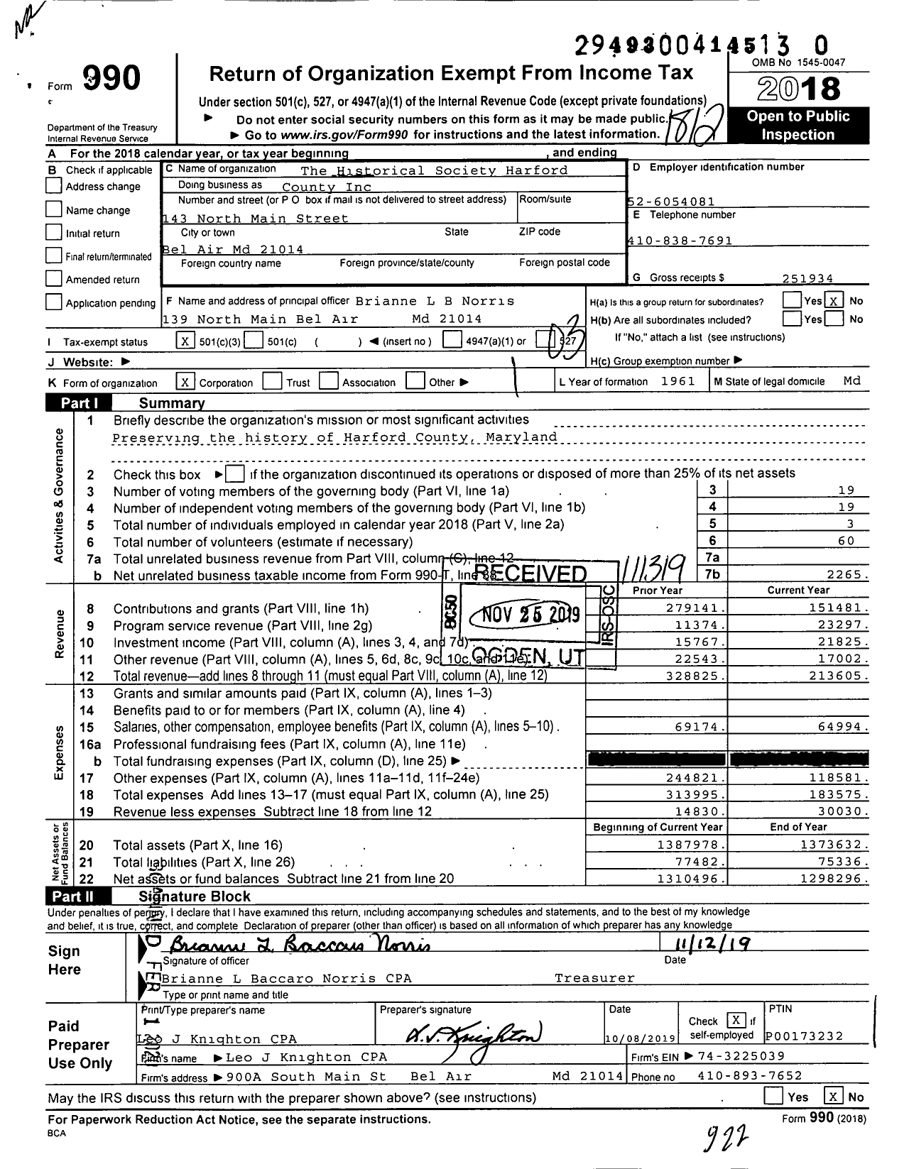 Image of first page of 2018 Form 990 for Historical Society Harford Cou