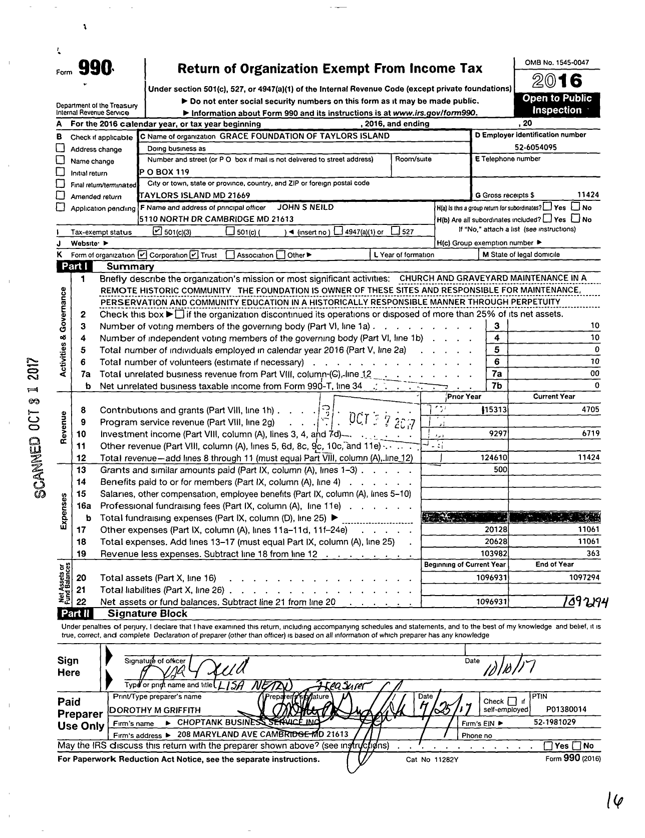 Image of first page of 2016 Form 990 for Grace Foundation of Taylors Island