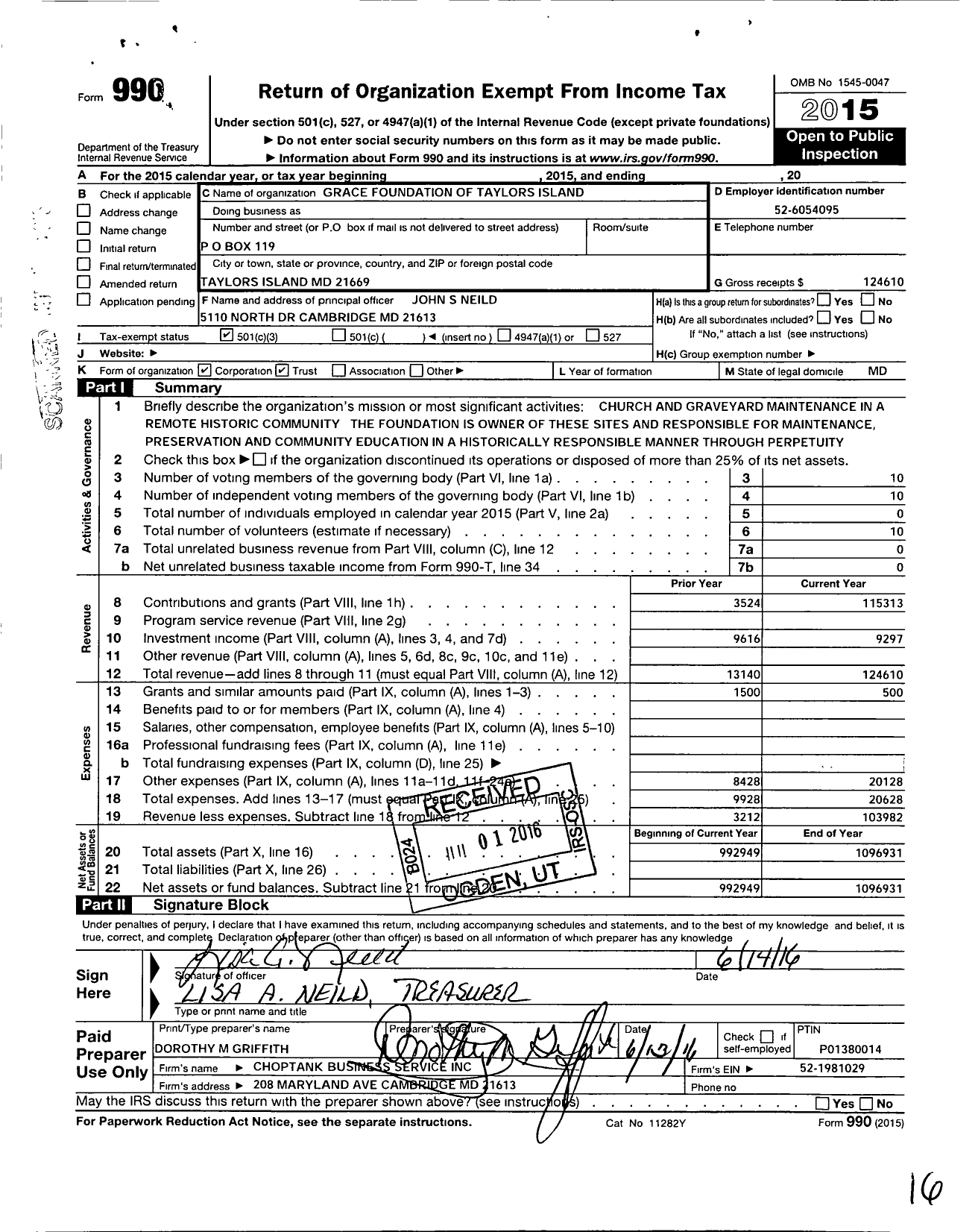 Image of first page of 2015 Form 990 for Grace Foundation of Taylors Island