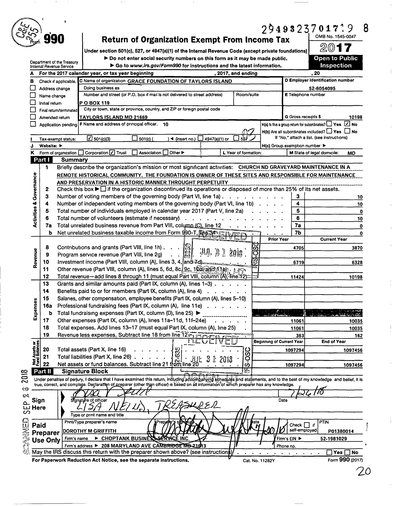 Image of first page of 2017 Form 990 for Grace Foundation of Taylors Island