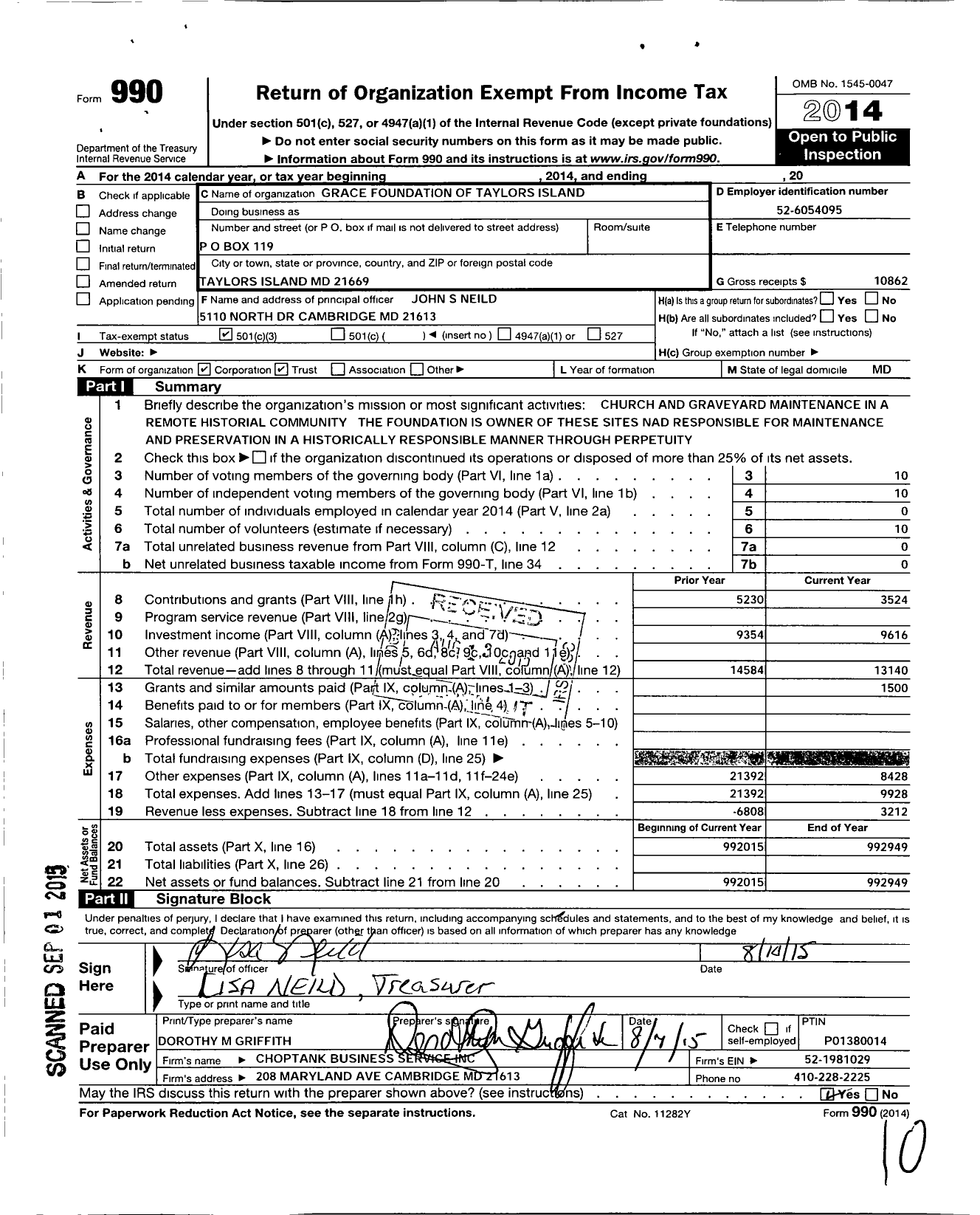 Image of first page of 2014 Form 990 for Grace Foundation of Taylors Island