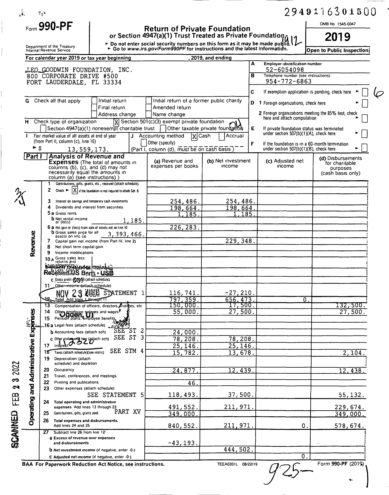 Image of first page of 2019 Form 990PF for Leo Goodwin Foundation