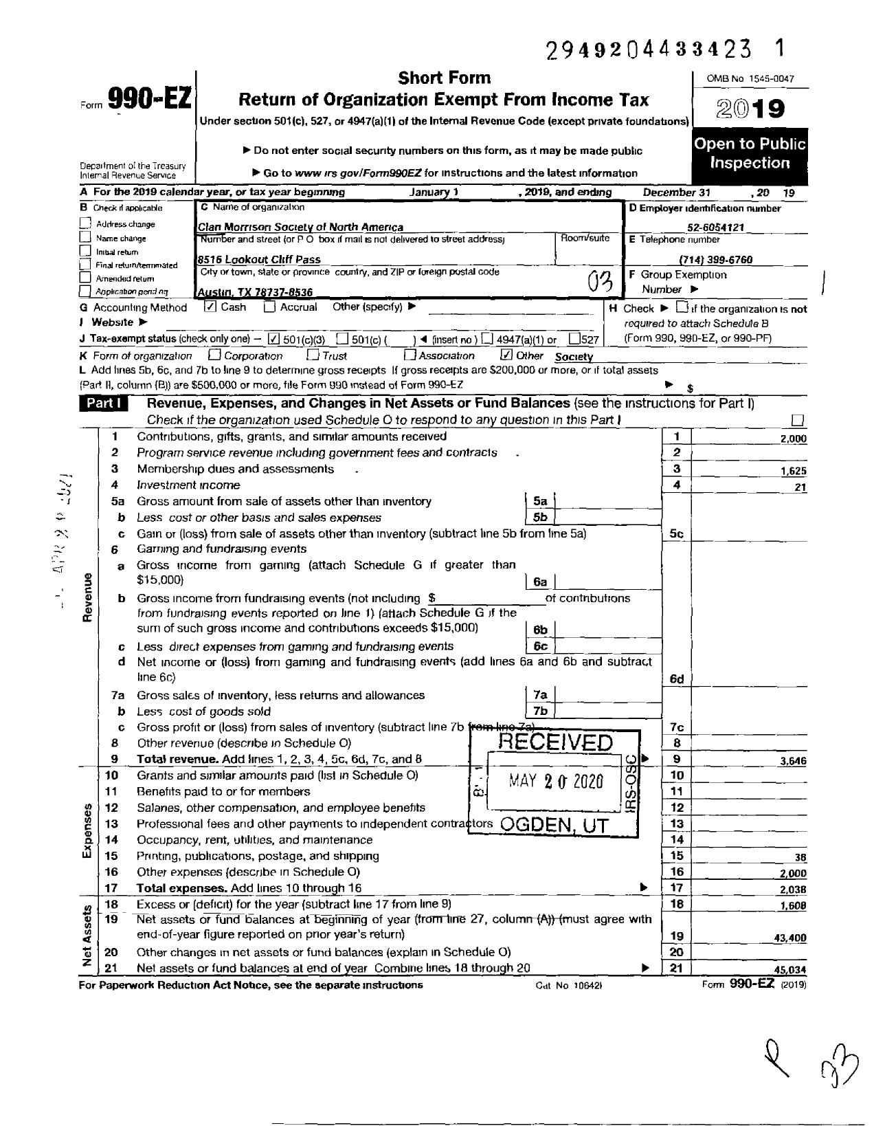 Image of first page of 2019 Form 990EZ for Clan Morrison Society of North America