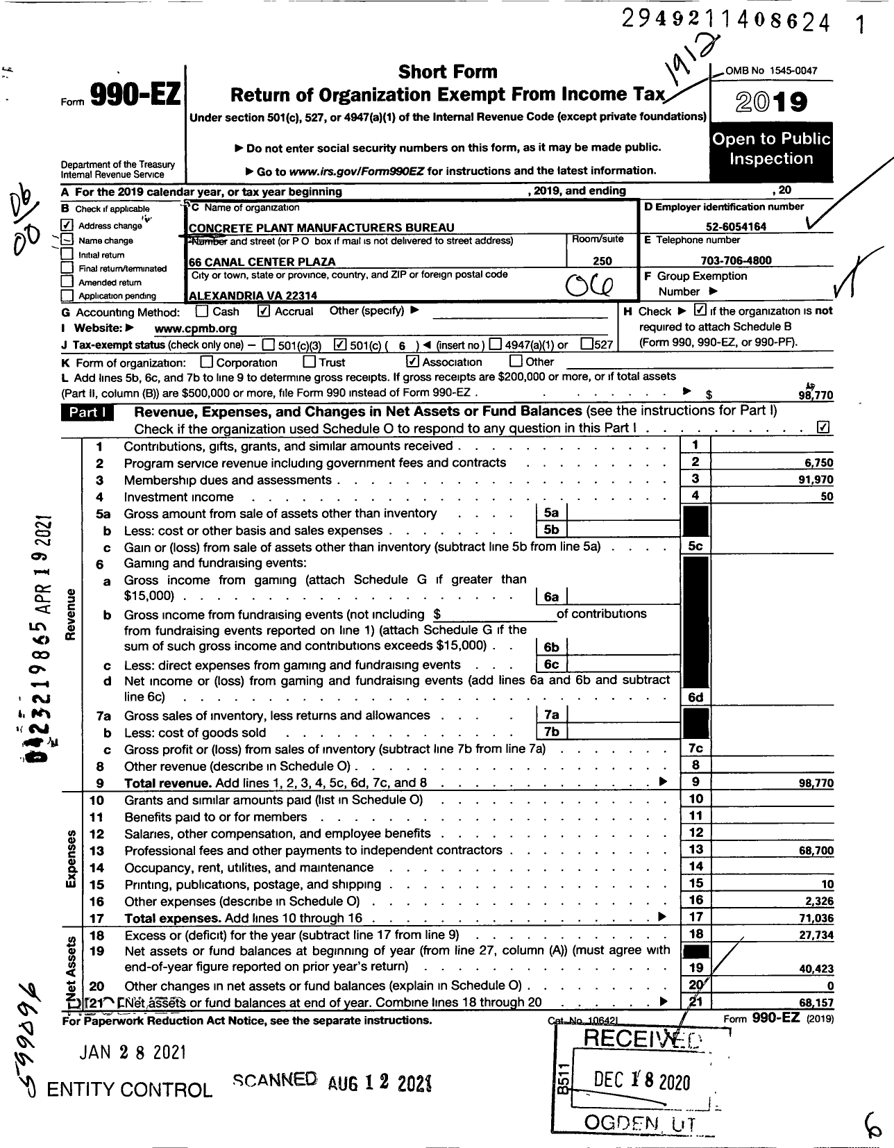 Image of first page of 2019 Form 990EO for Concrete Plant Manufacturers Bureau