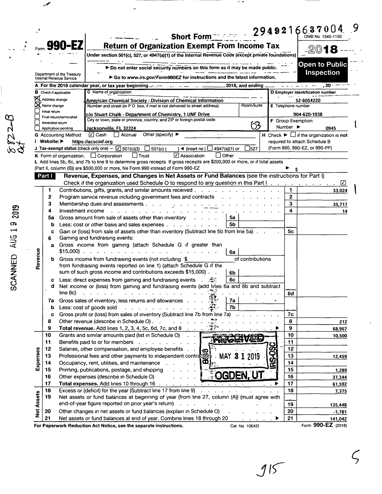 Image of first page of 2018 Form 990EZ for AMERICAN Chemical SOCIETY - Chemical Information Division