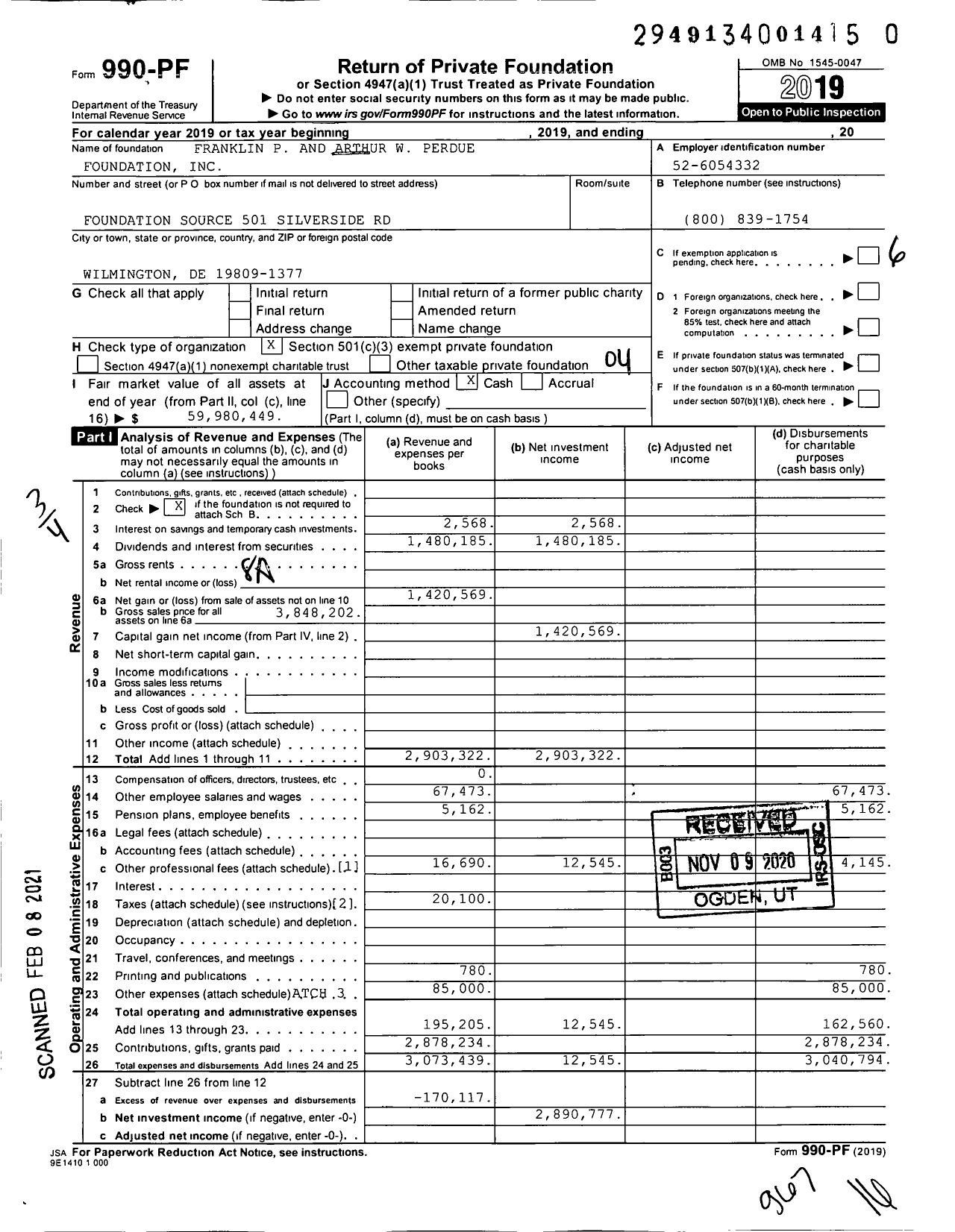 Image of first page of 2019 Form 990PF for Franklin P and Arthur W Perdue Foundation