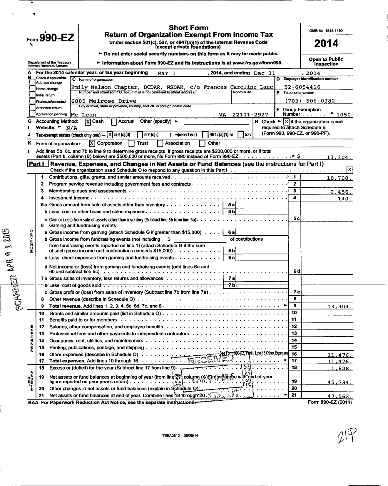 Image of first page of 2014 Form 990EZ for Daughters of the American Revolution - Emily Nelson Dar