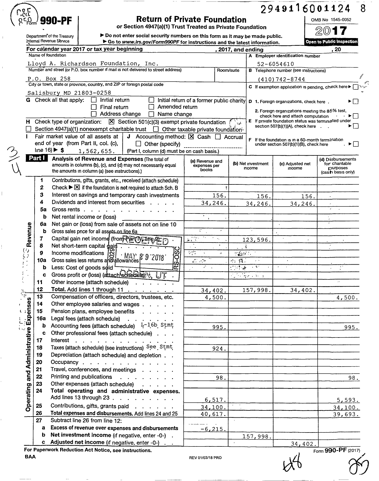 Image of first page of 2017 Form 990PF for Lloyd A Richardson Foundation