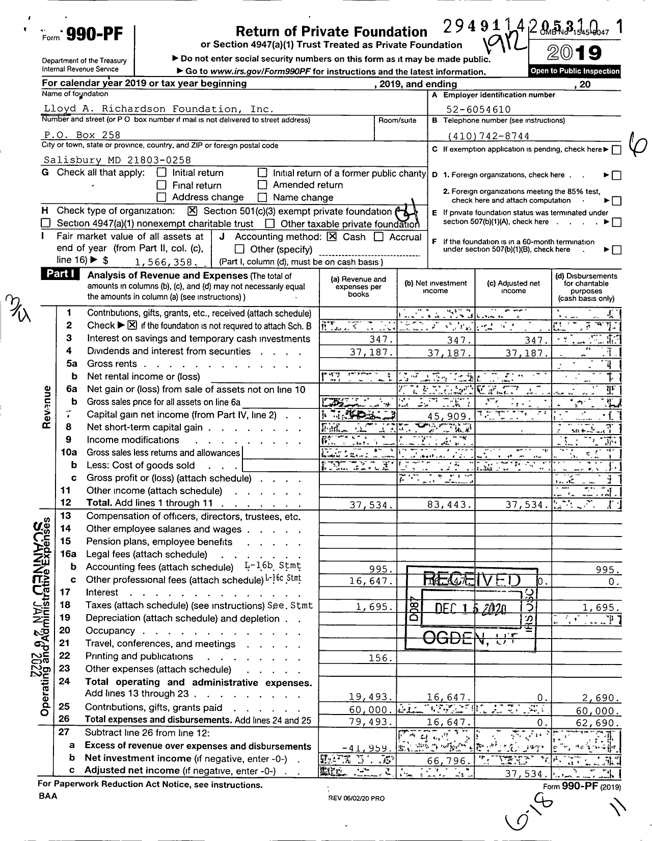 Image of first page of 2019 Form 990PF for Lloyd A Richardson Foundation