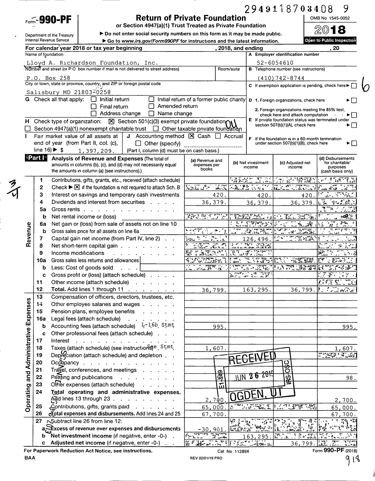 Image of first page of 2018 Form 990PF for Lloyd A Richardson Foundation