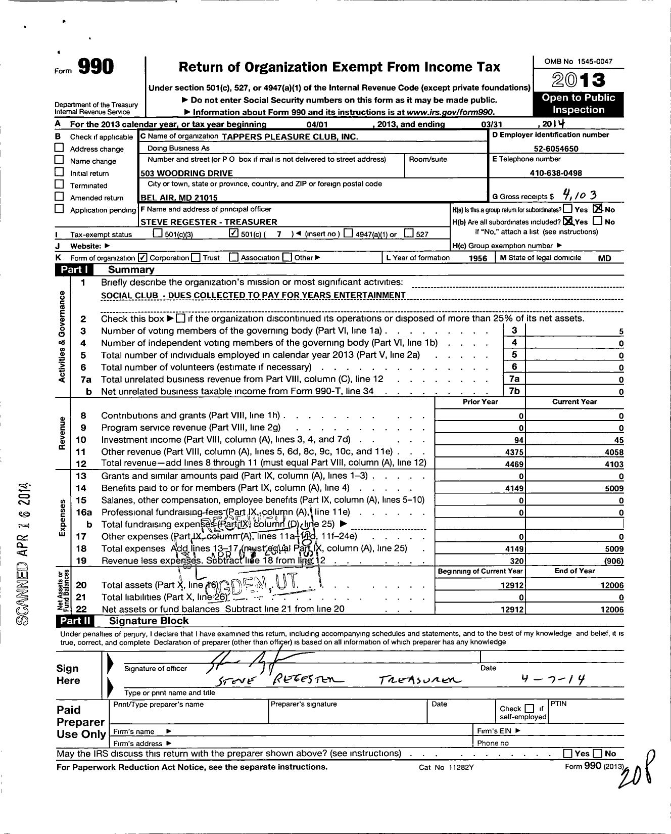 Image of first page of 2013 Form 990O for Tappers Pleasure Club