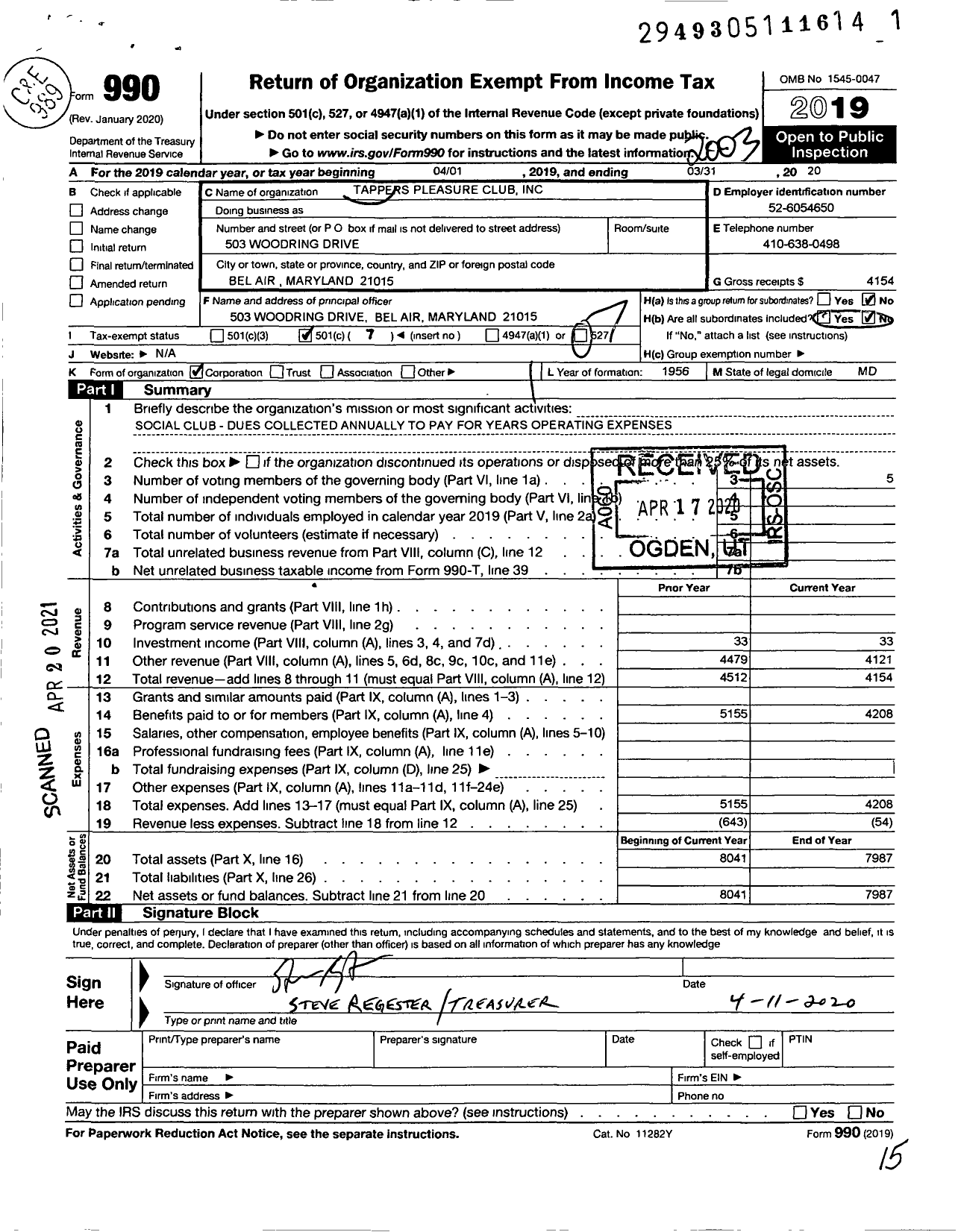 Image of first page of 2019 Form 990O for Tappers Pleasure Club