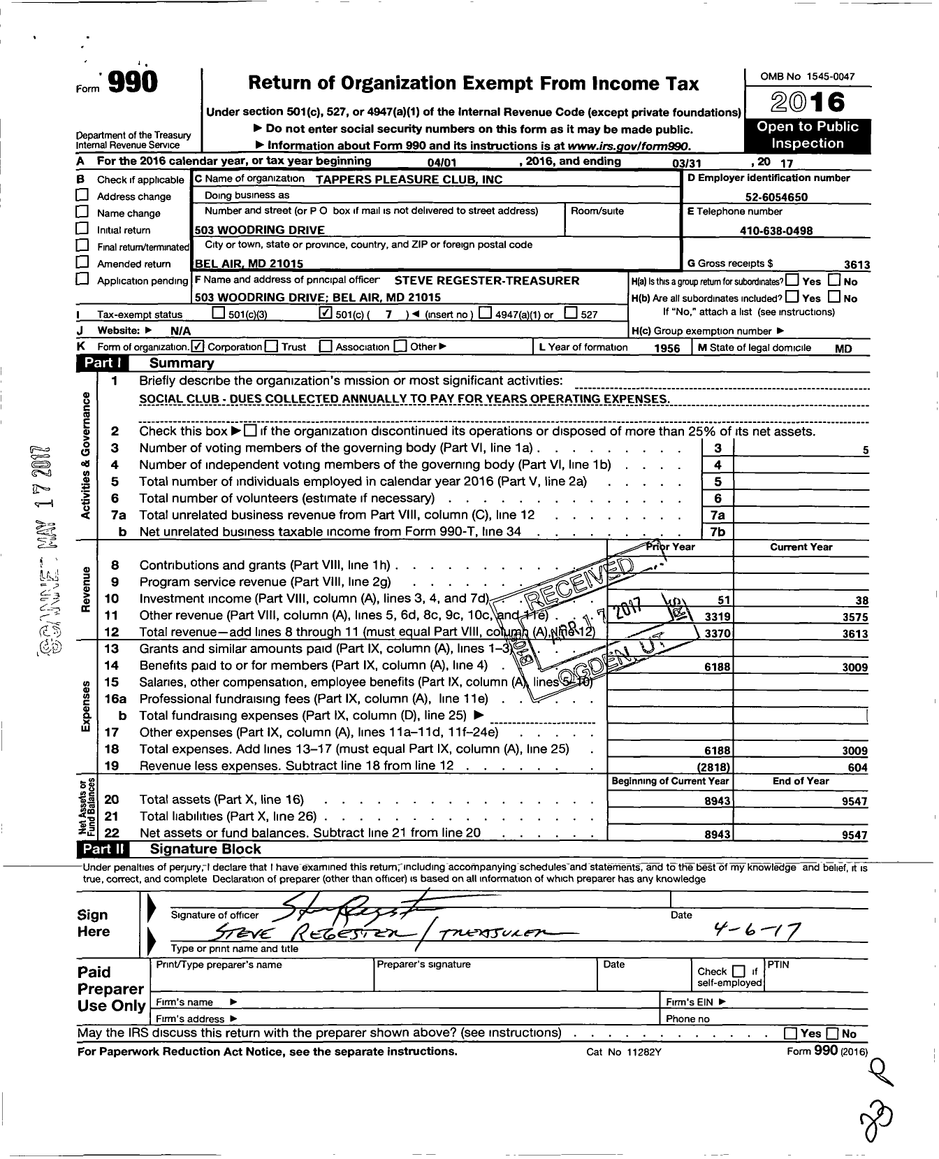 Image of first page of 2016 Form 990O for Tappers Pleasure Club