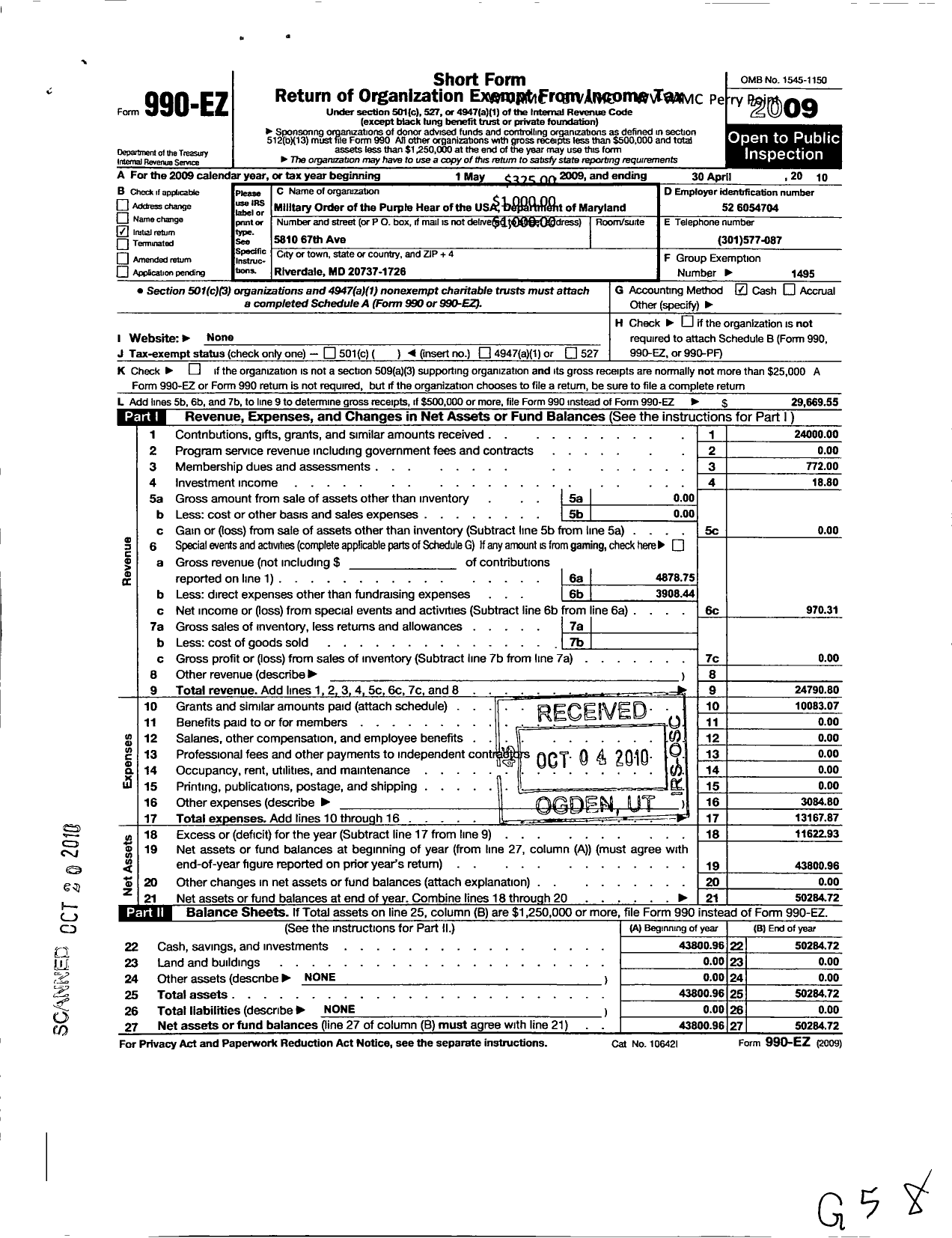 Image of first page of 2009 Form 990EO for Military Order of the Purple Heart - Dept of Maryland