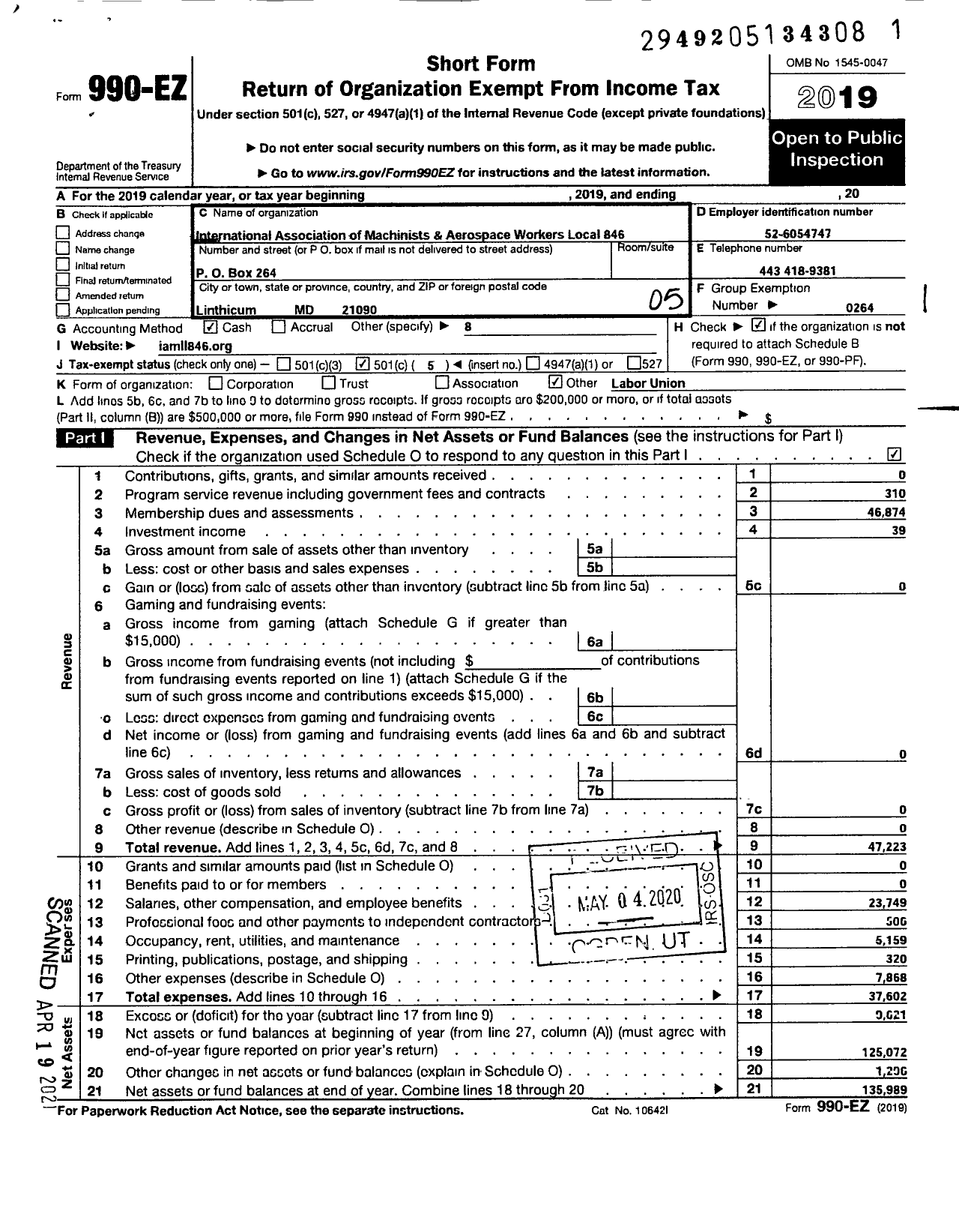 Image of first page of 2019 Form 990EO for International Association of Machinists and Aerospace Workers - 846 Local Lodge