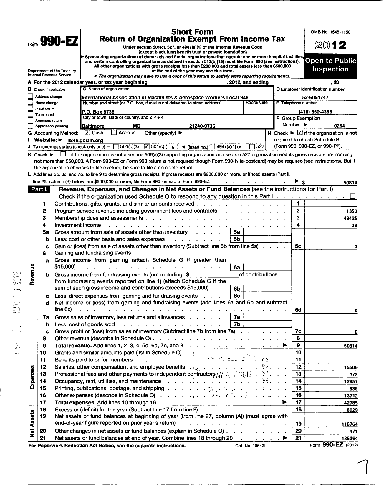 Image of first page of 2012 Form 990EO for International Association of Machinists and Aerospace Workers - 846 Local Lodge