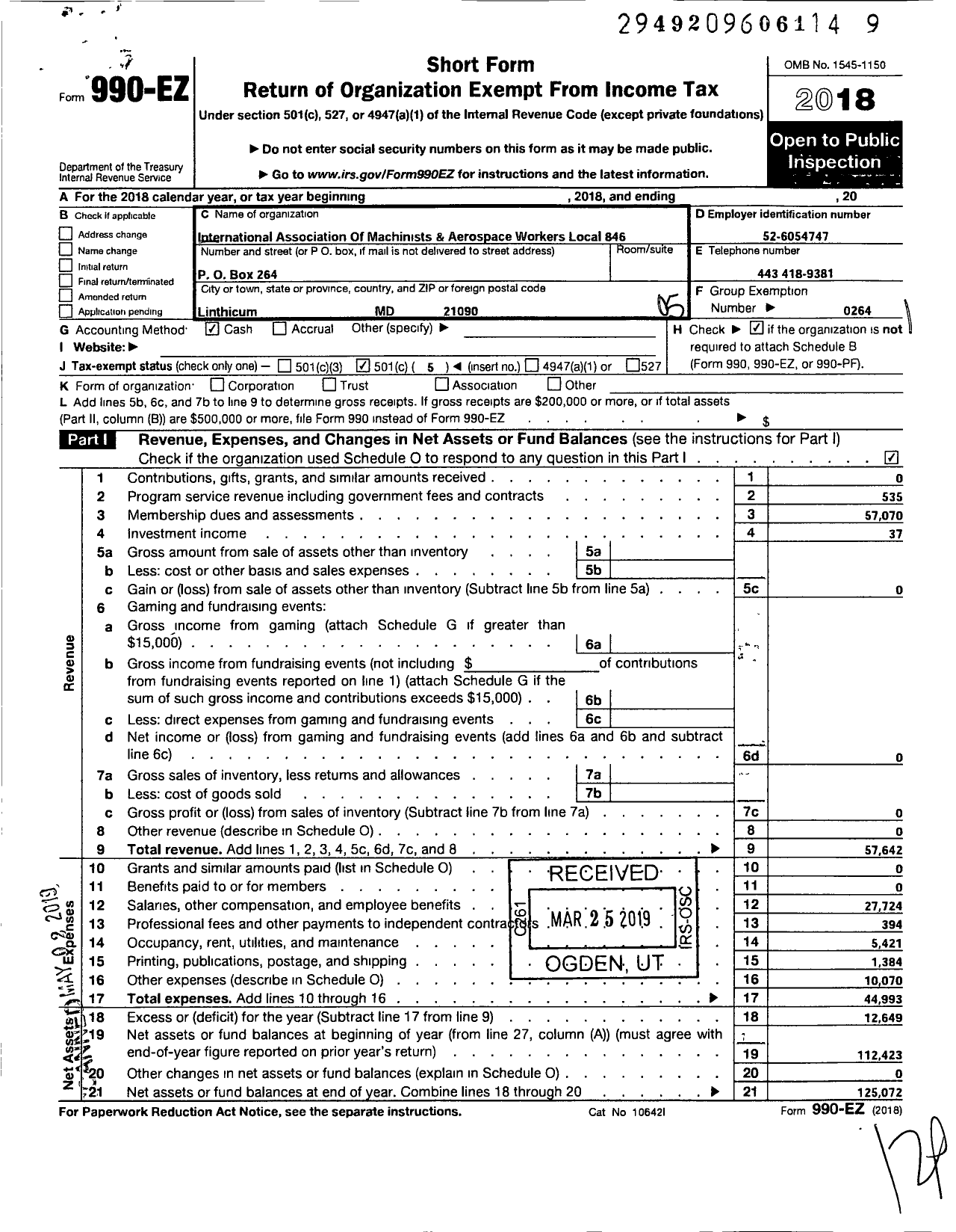 Image of first page of 2018 Form 990EO for International Association of Machinists and Aerospace Workers - 846 Local Lodge