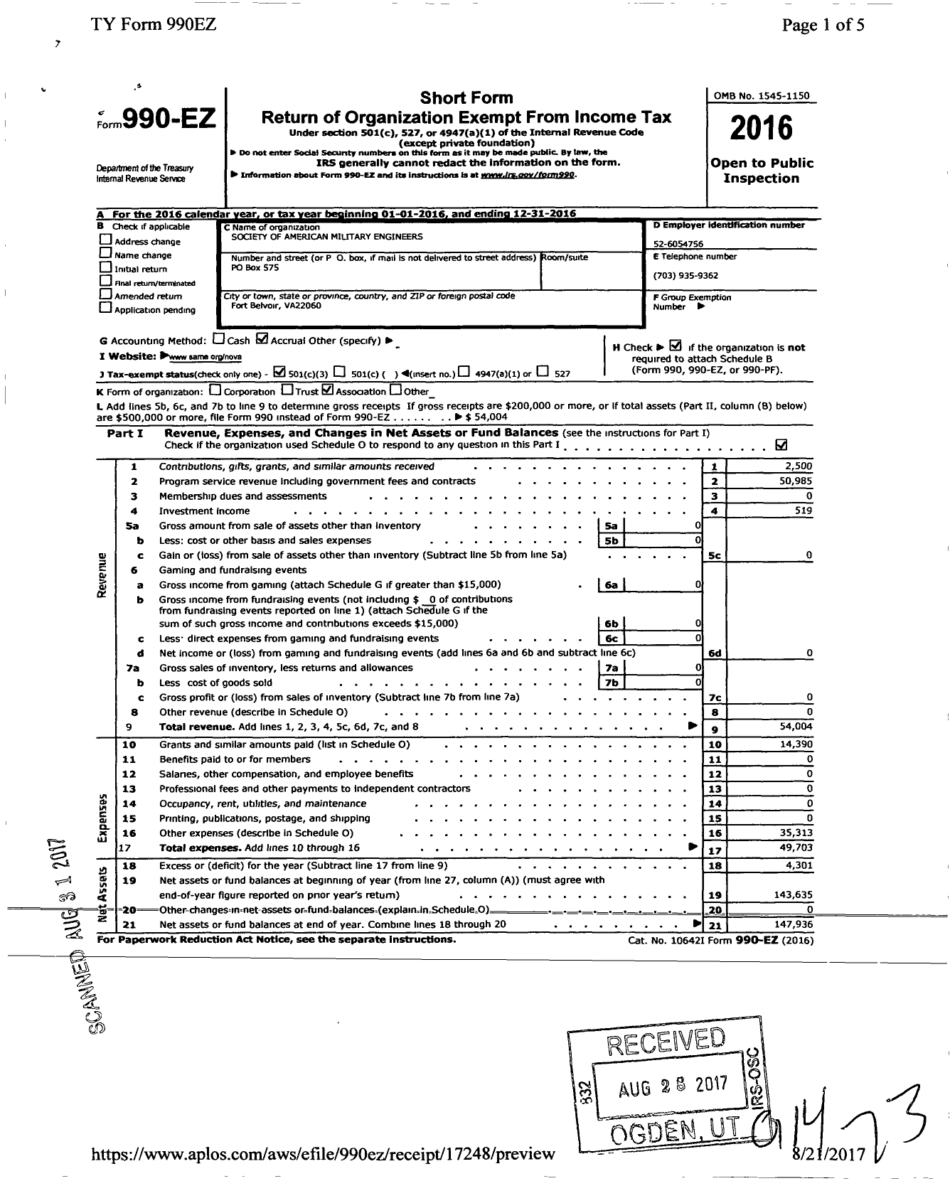 Image of first page of 2016 Form 990EZ for Society of American Military Engineers / S A M E Northern Virginia Post