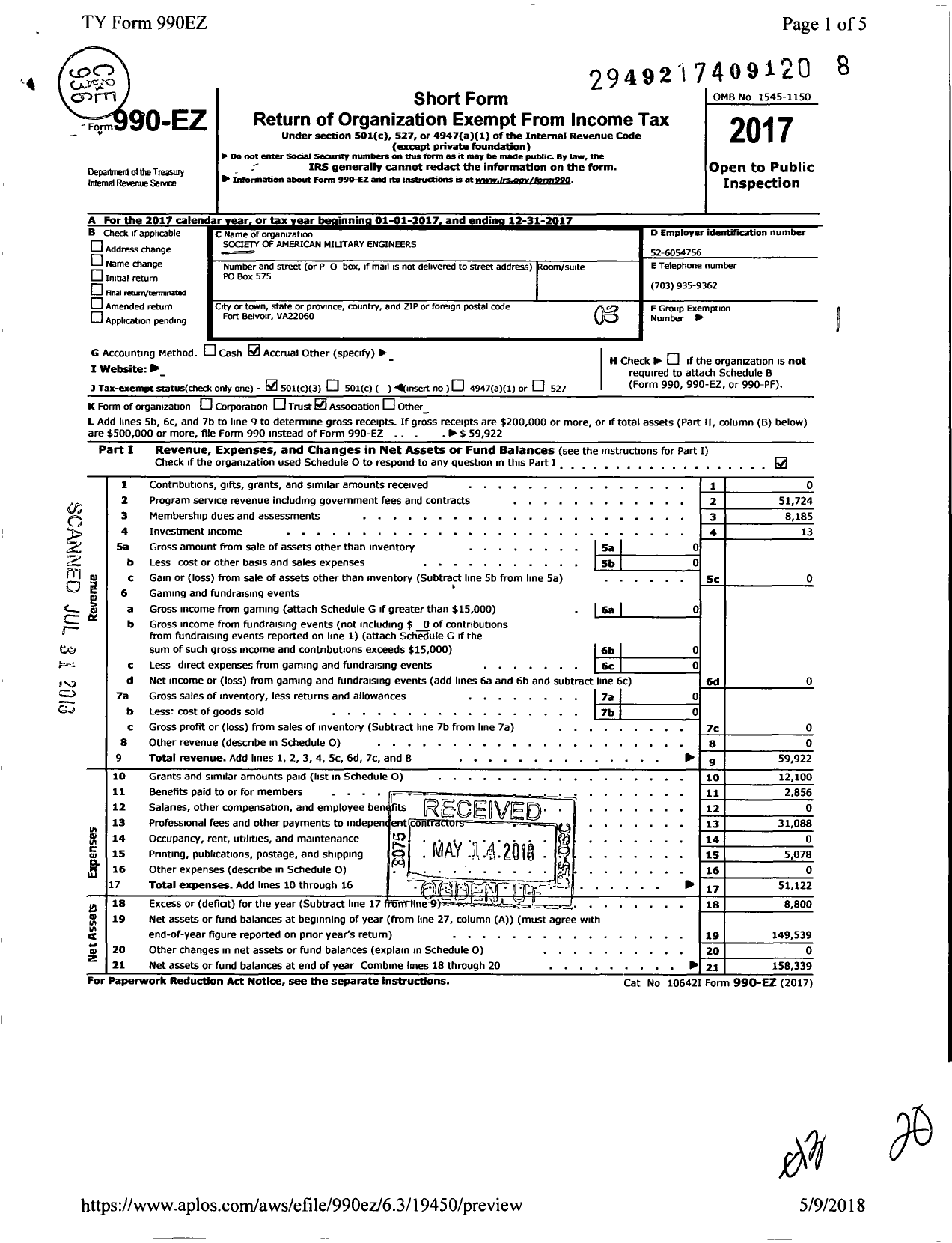 Image of first page of 2017 Form 990EZ for Society of American Military Engineers / S A M E Northern Virginia Post