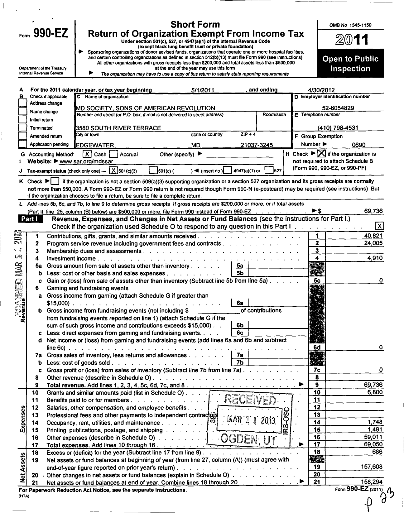 Image of first page of 2011 Form 990EZ for MD Society Sons of American Revolution