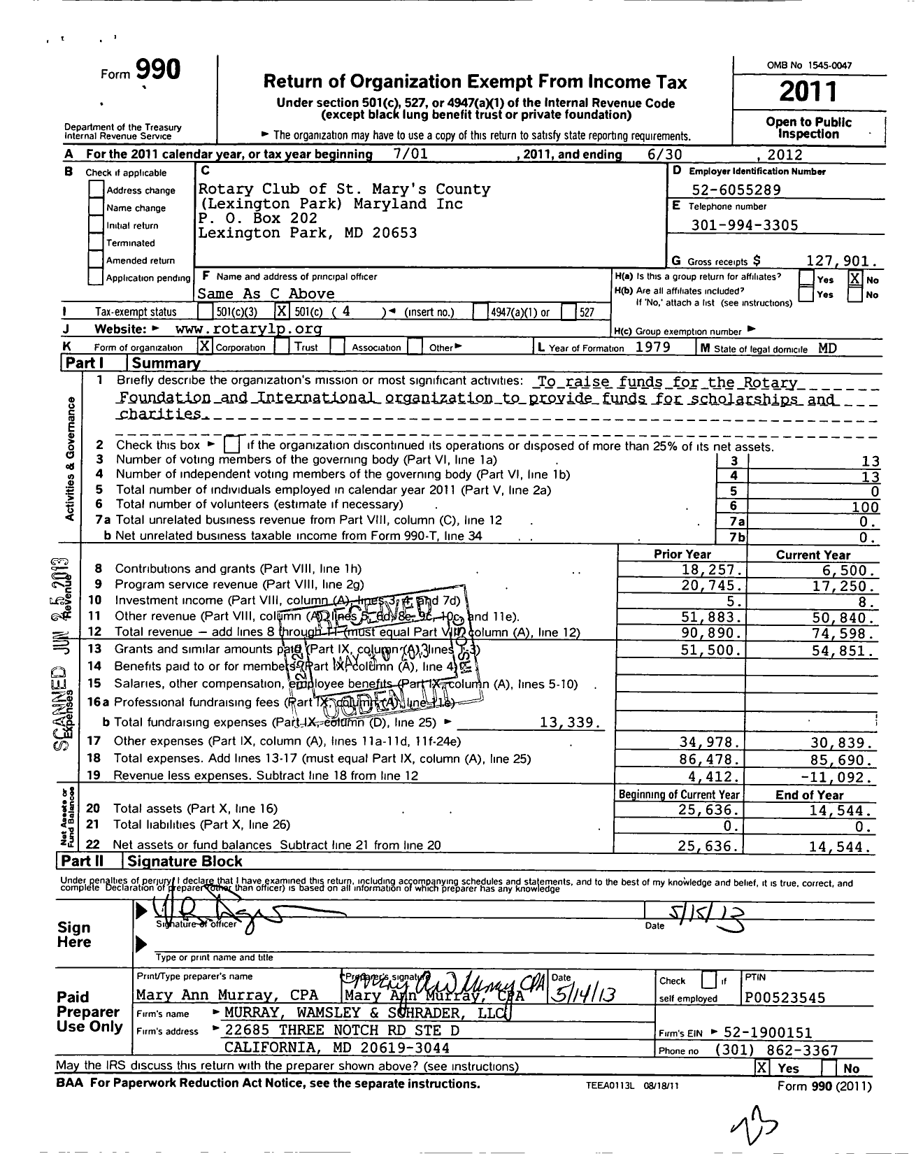 Image of first page of 2011 Form 990O for Rotary Club of St Marys County