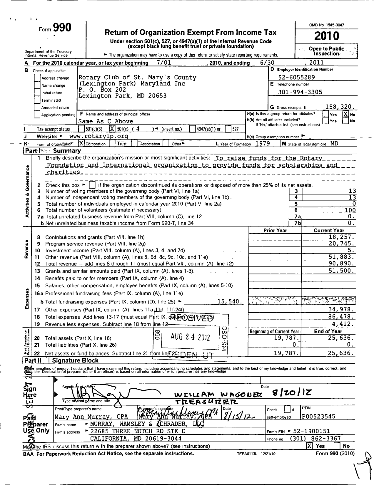 Image of first page of 2010 Form 990O for Rotary Club of St Marys County