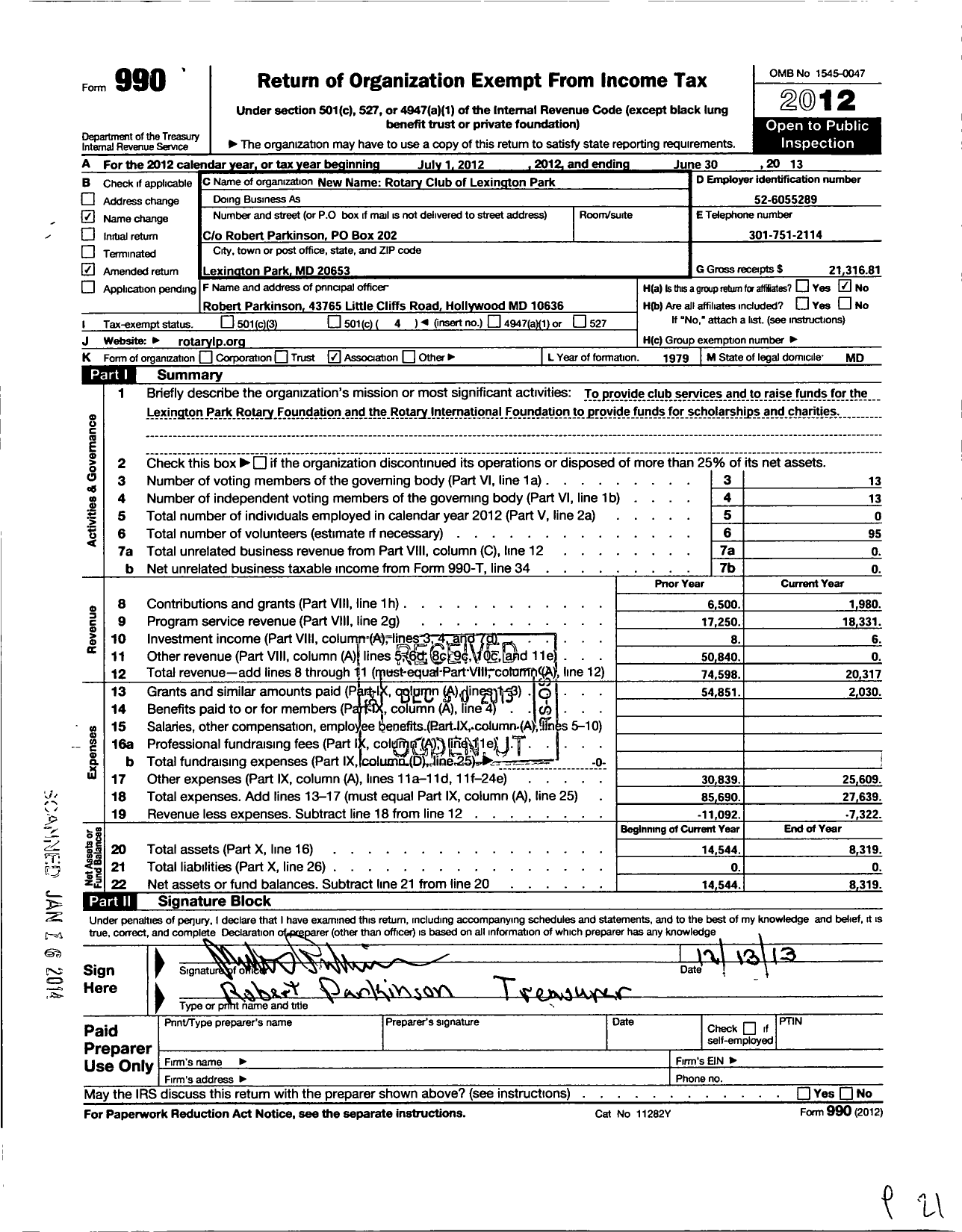 Image of first page of 2012 Form 990O for Rotary Club of St Marys County