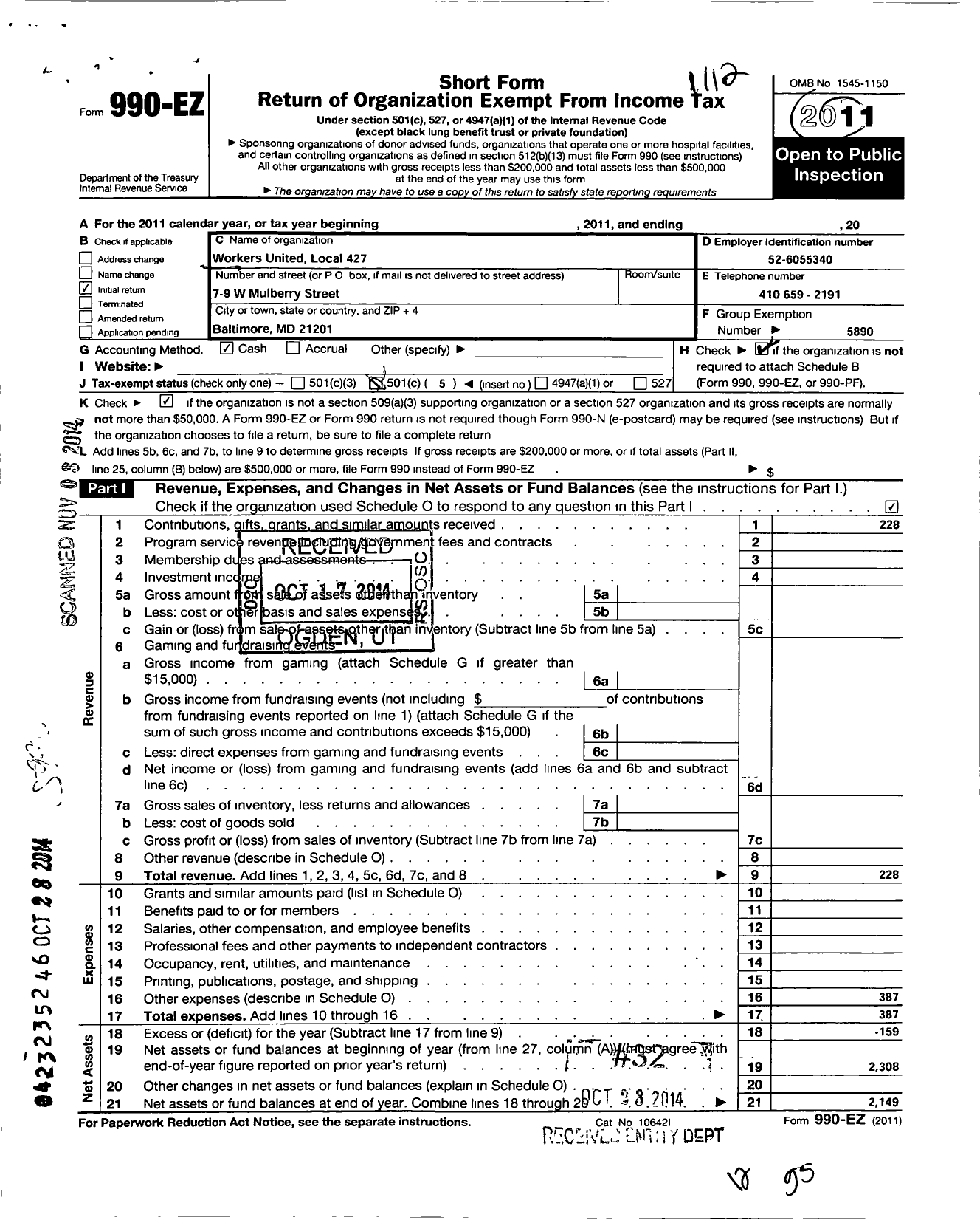 Image of first page of 2011 Form 990EO for Workers United - 427 Local