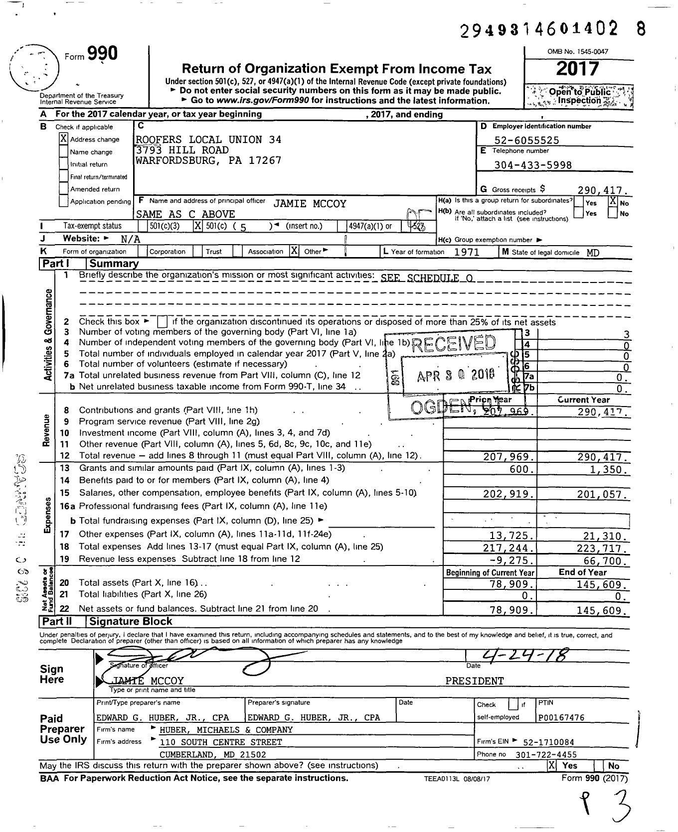 Image of first page of 2017 Form 990O for Roofers Local Union 34