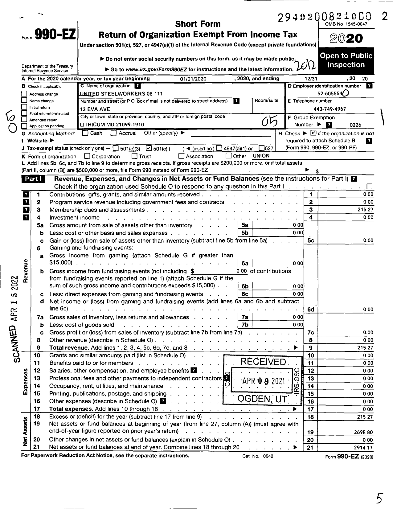 Image of first page of 2020 Form 990EO for United Steelworkers - 00111 Local