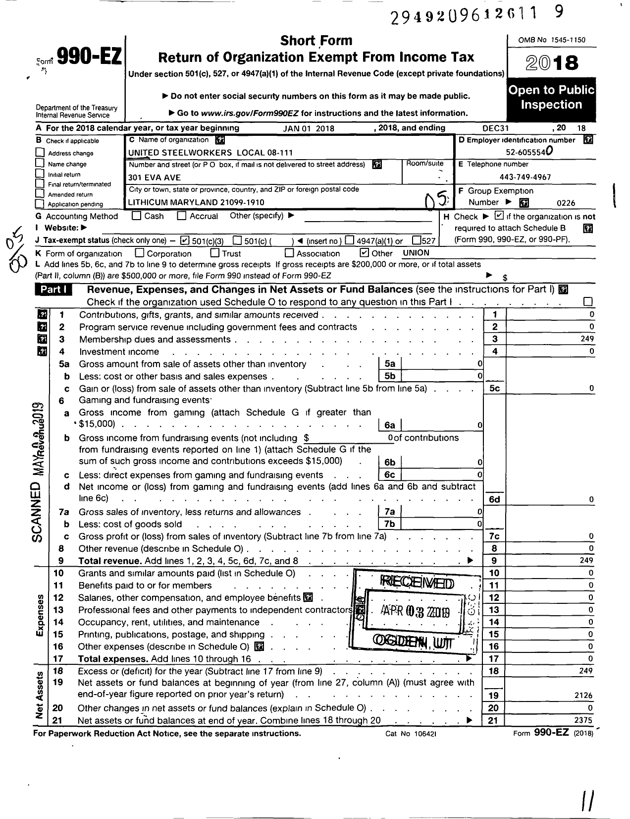 Image of first page of 2018 Form 990EO for United Steelworkers - 00111 Local