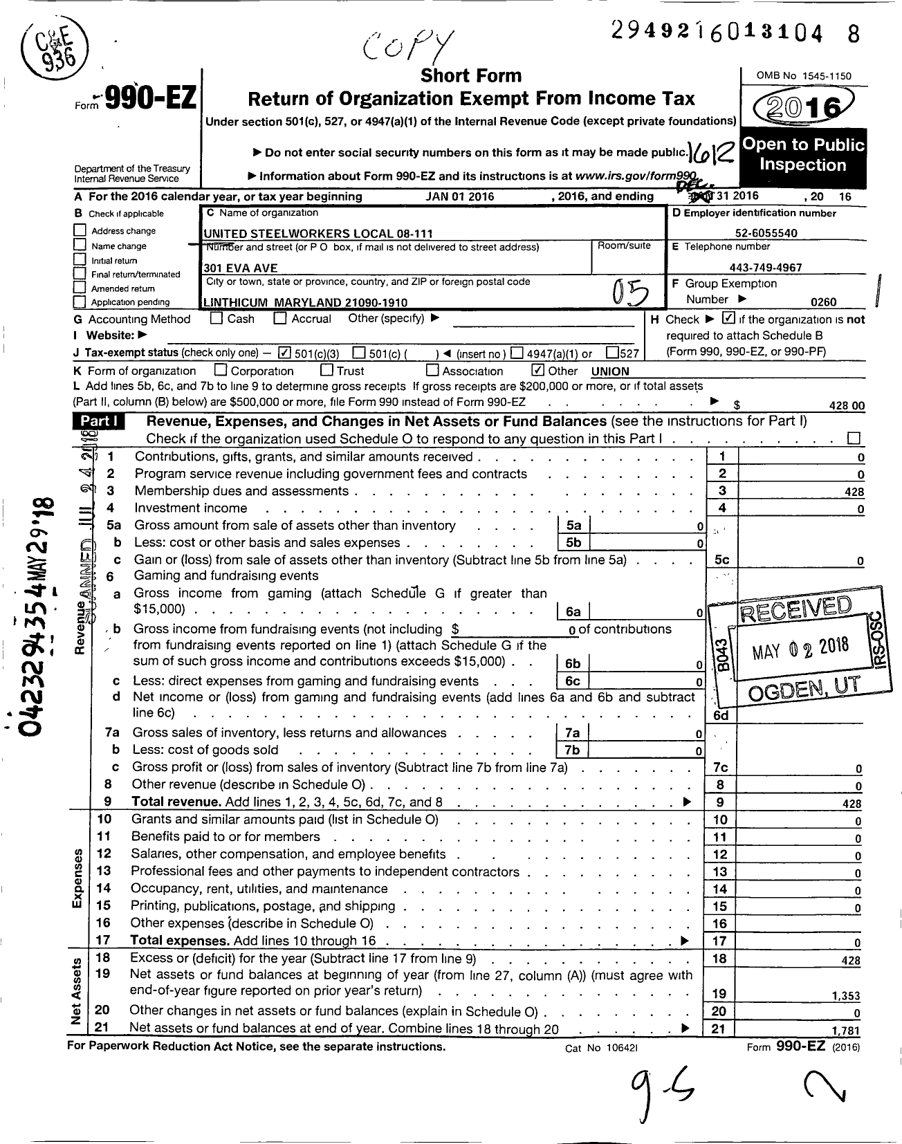 Image of first page of 2016 Form 990EO for United Steelworkers - 00111 Local