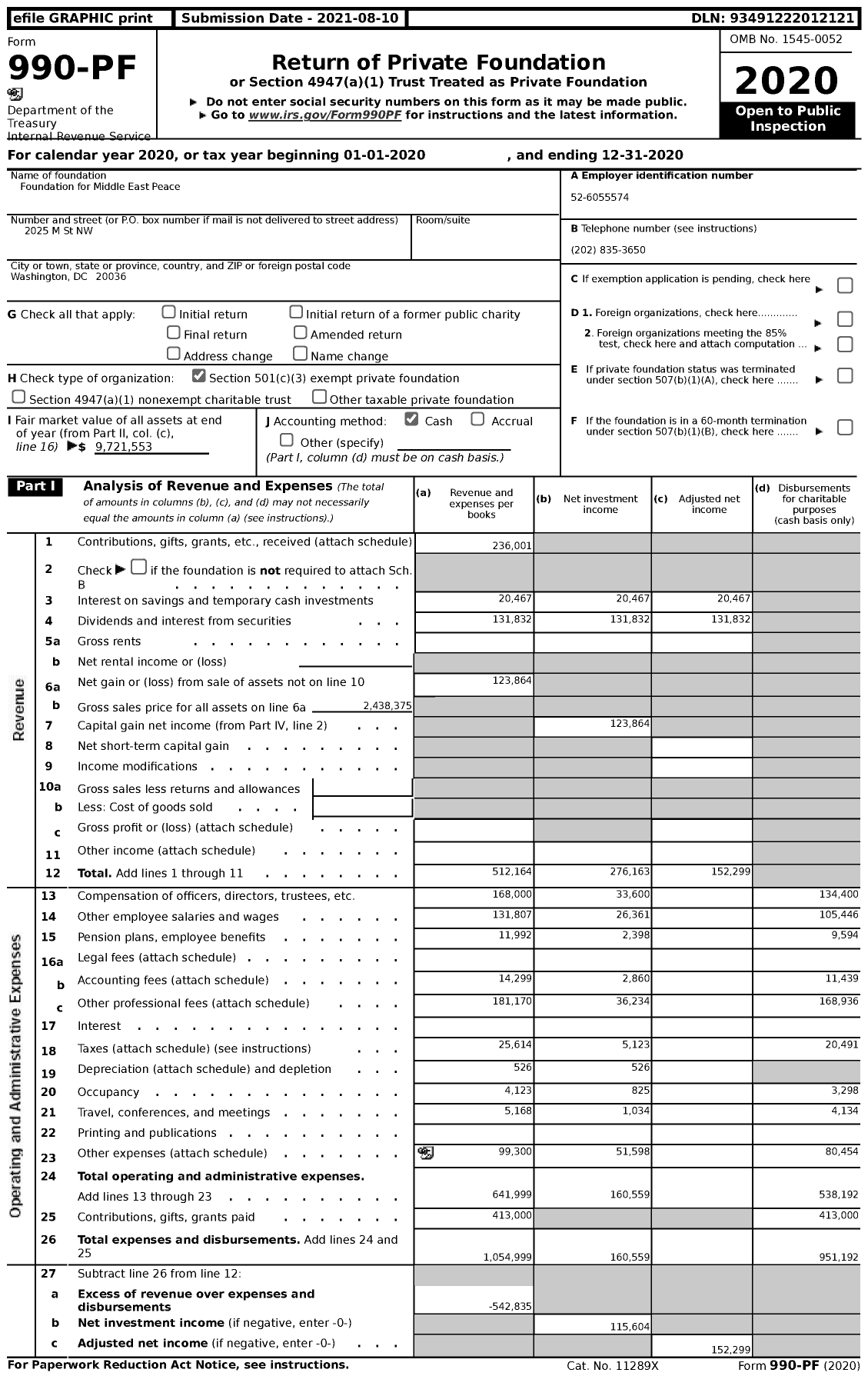 Image of first page of 2020 Form 990PF for Foundation for Middle East Peace (FMEP)