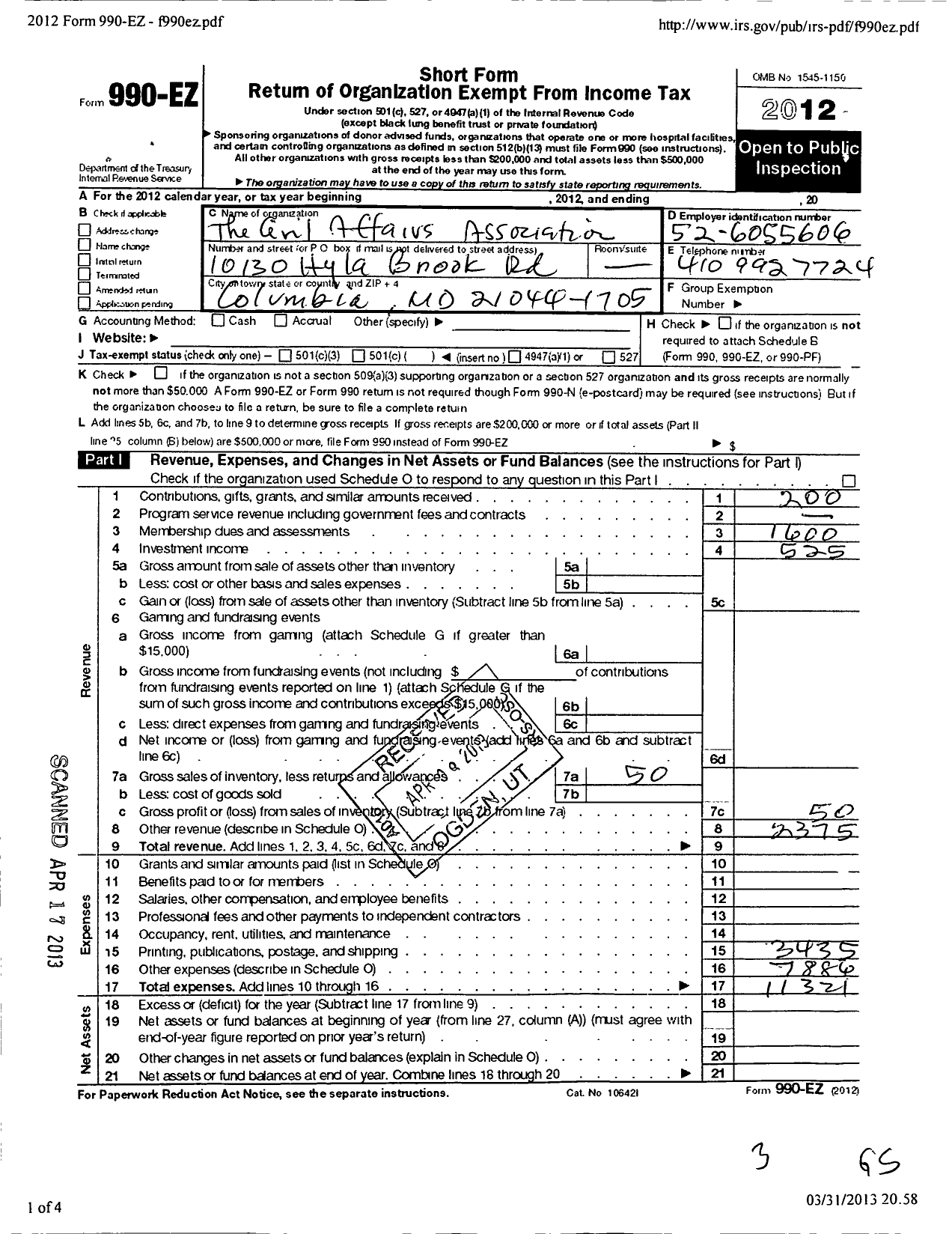 Image of first page of 2012 Form 990EO for The Civil Affairs Association