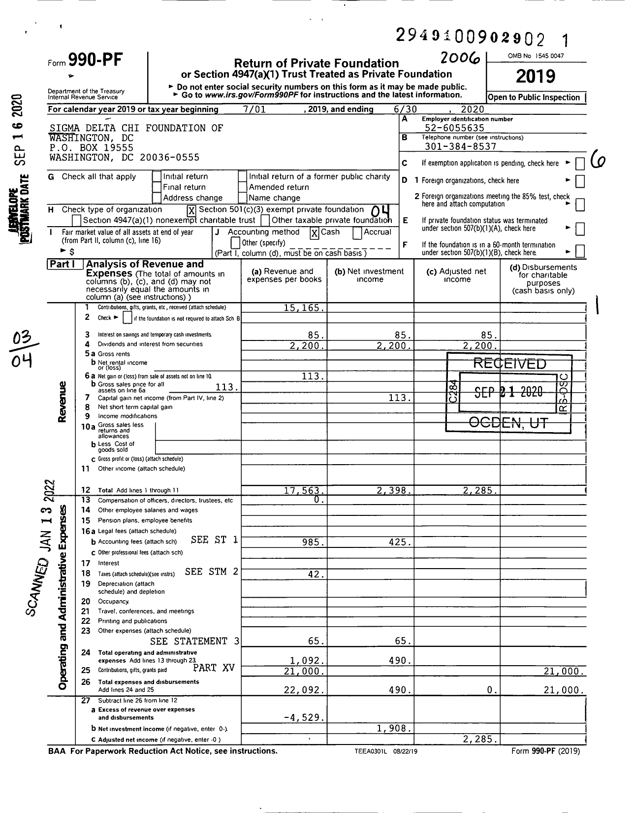 Image of first page of 2019 Form 990PF for Sigma Delta Chi Foundation of Washington DC