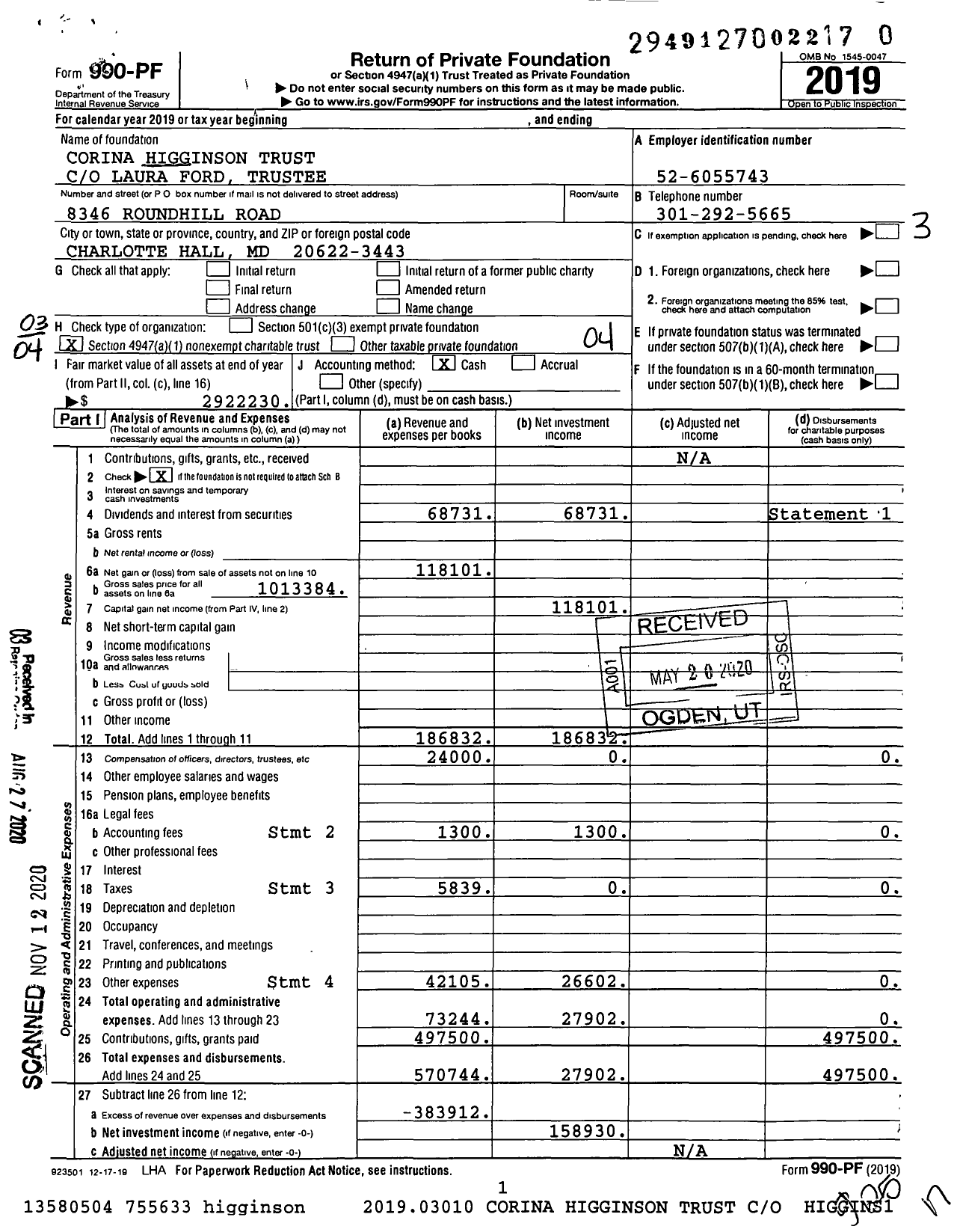 Image of first page of 2019 Form 990PF for Corina Higginson Trust