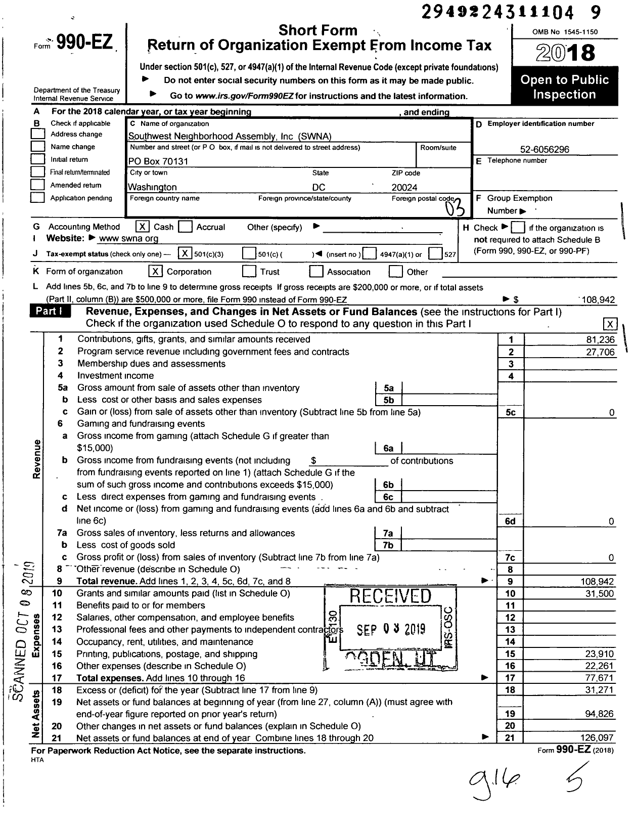 Image of first page of 2018 Form 990EZ for Southwest Neighborhood Assembly Swna