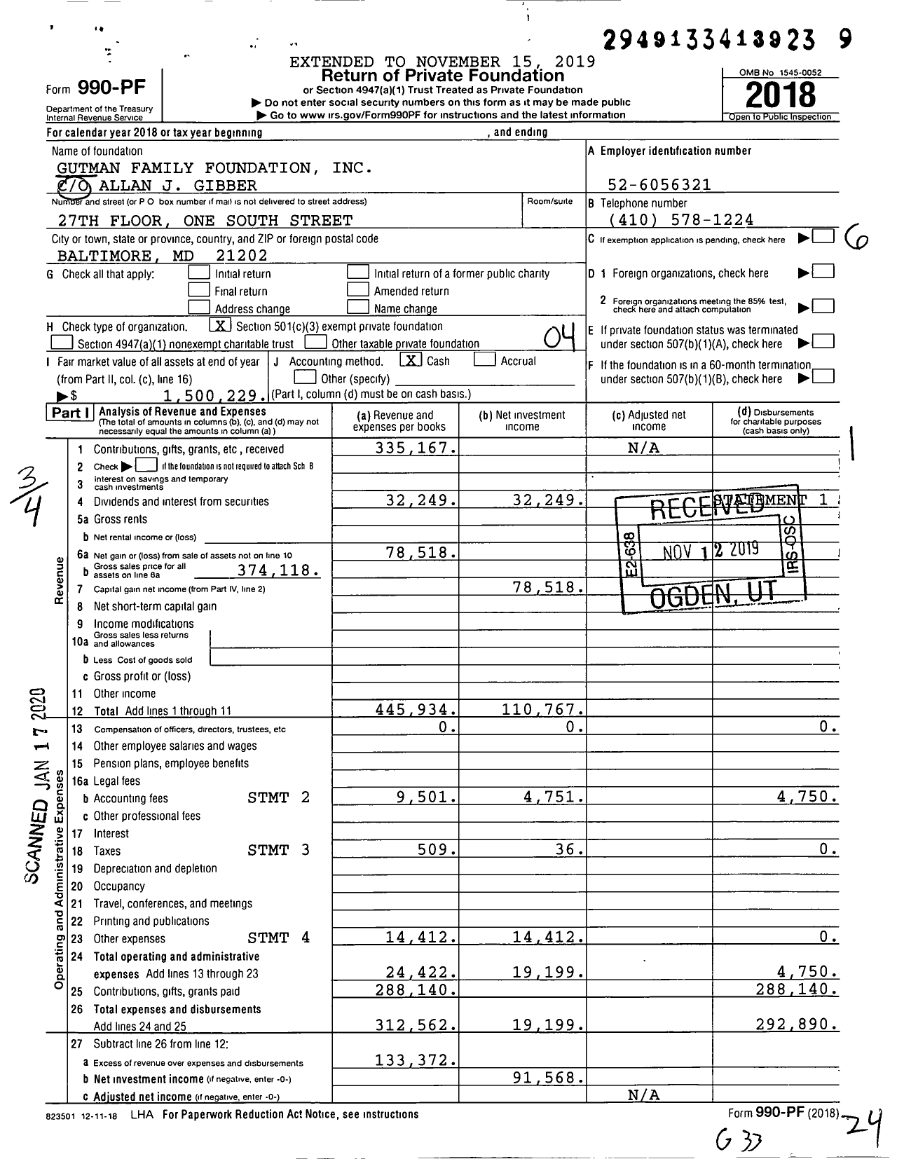 Image of first page of 2018 Form 990PF for Gutman Family Foundation