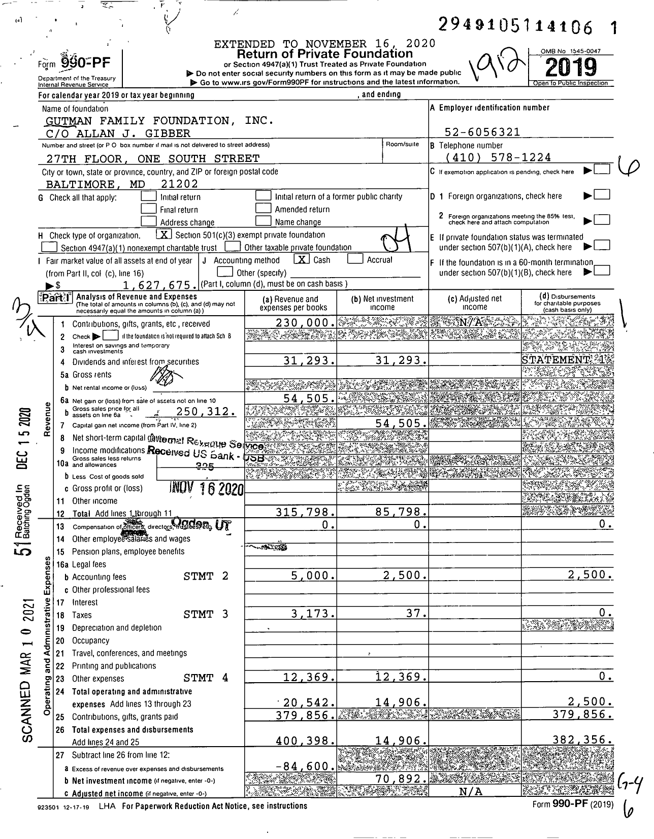 Image of first page of 2019 Form 990PF for Gutman Family Foundation