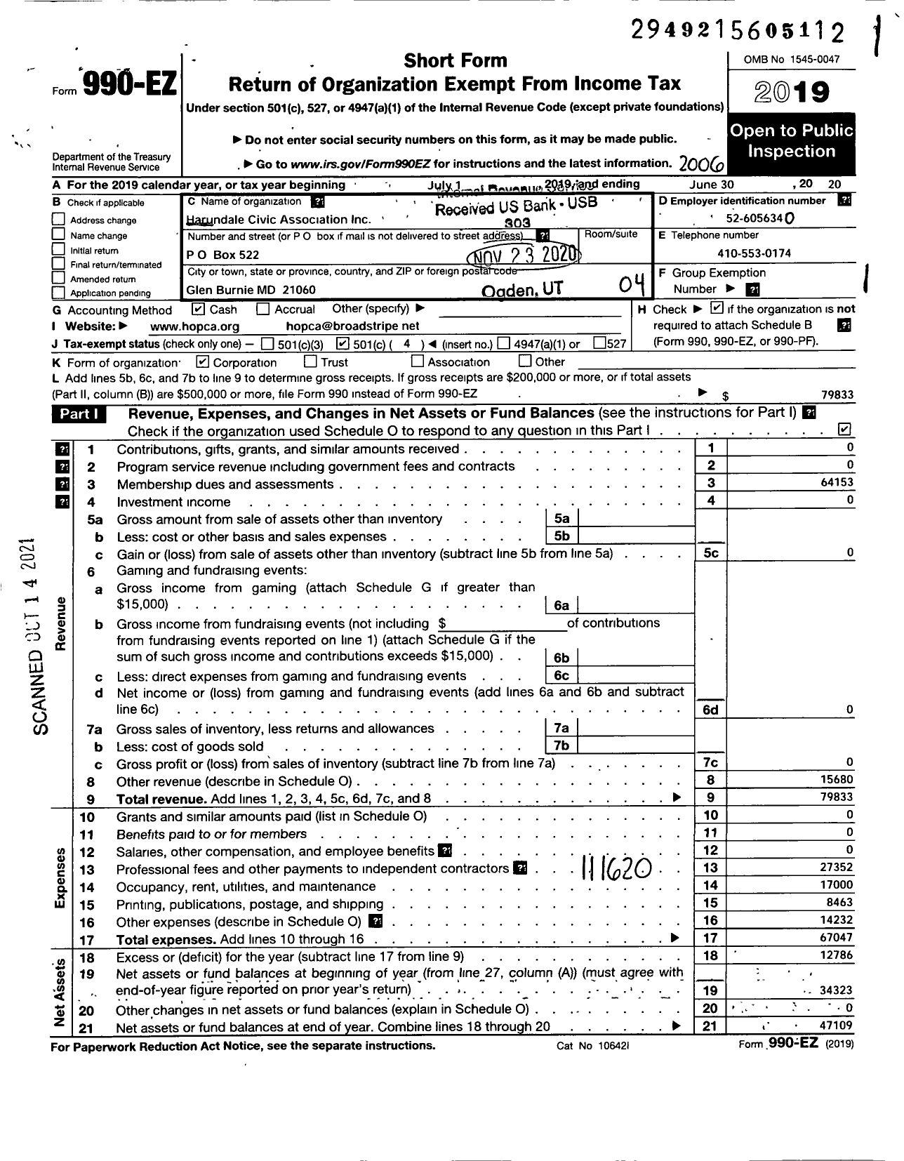 Image of first page of 2019 Form 990EO for Harundale Civic Association