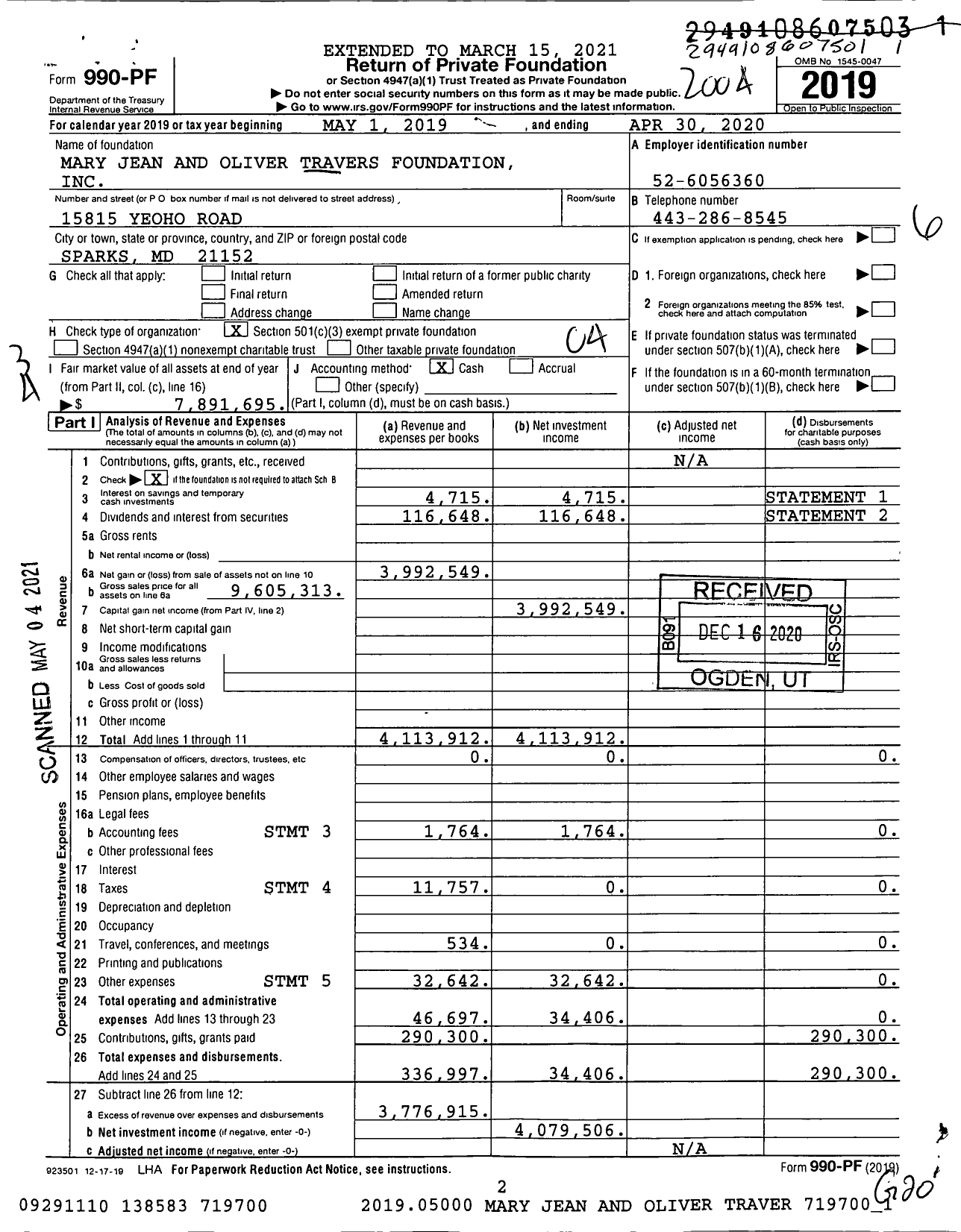 Image of first page of 2019 Form 990PF for Mary Jean and Oliver Travers Foundation