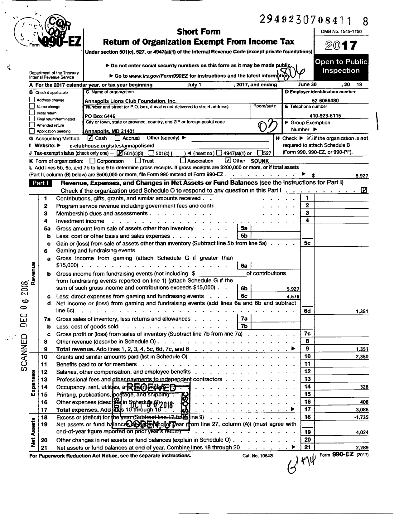 Image of first page of 2017 Form 990EZ for Annapolis Lions Club Foundation