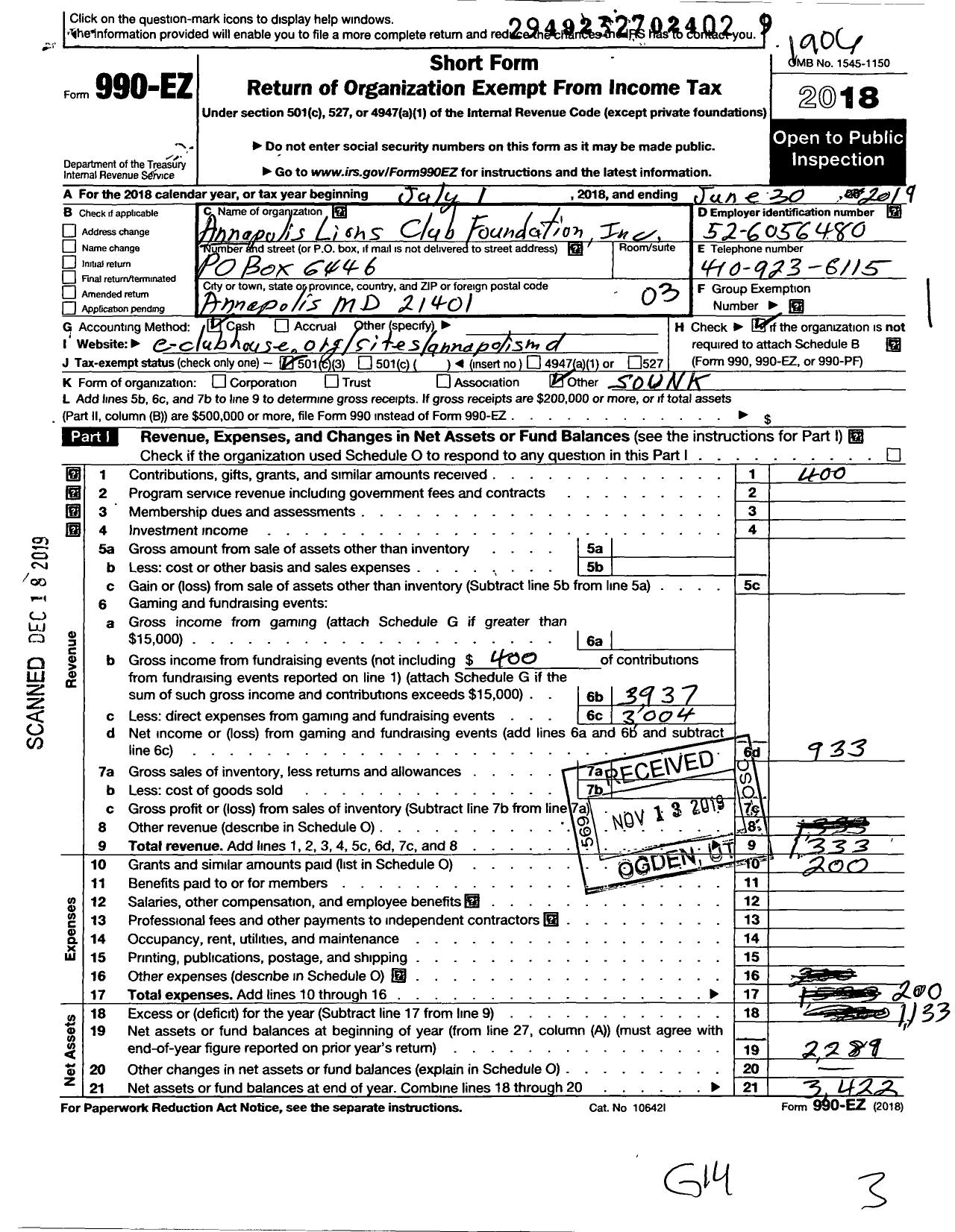 Image of first page of 2018 Form 990EZ for Annapolis Lions Club Foundation