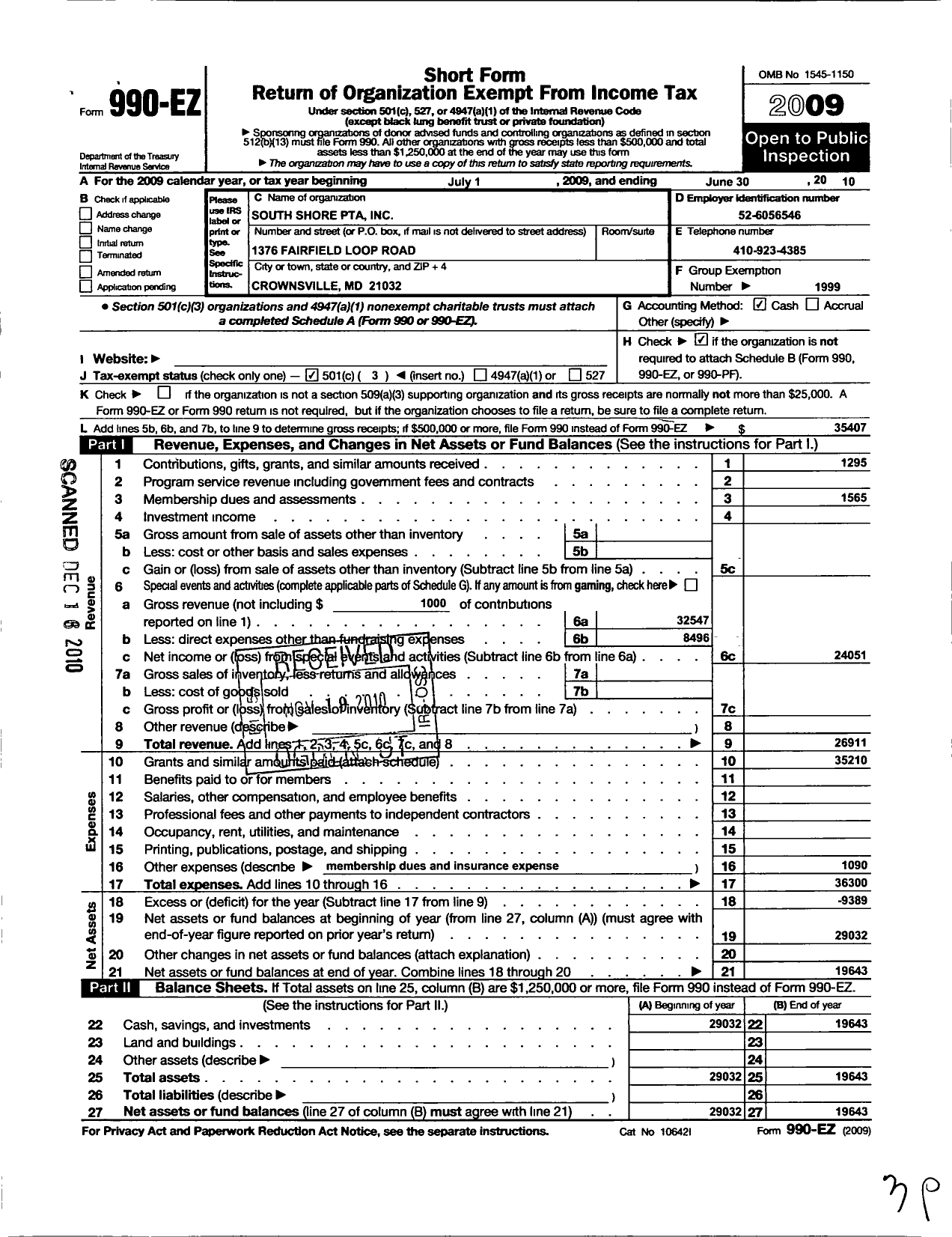 Image of first page of 2009 Form 990EZ for South Shore PTA