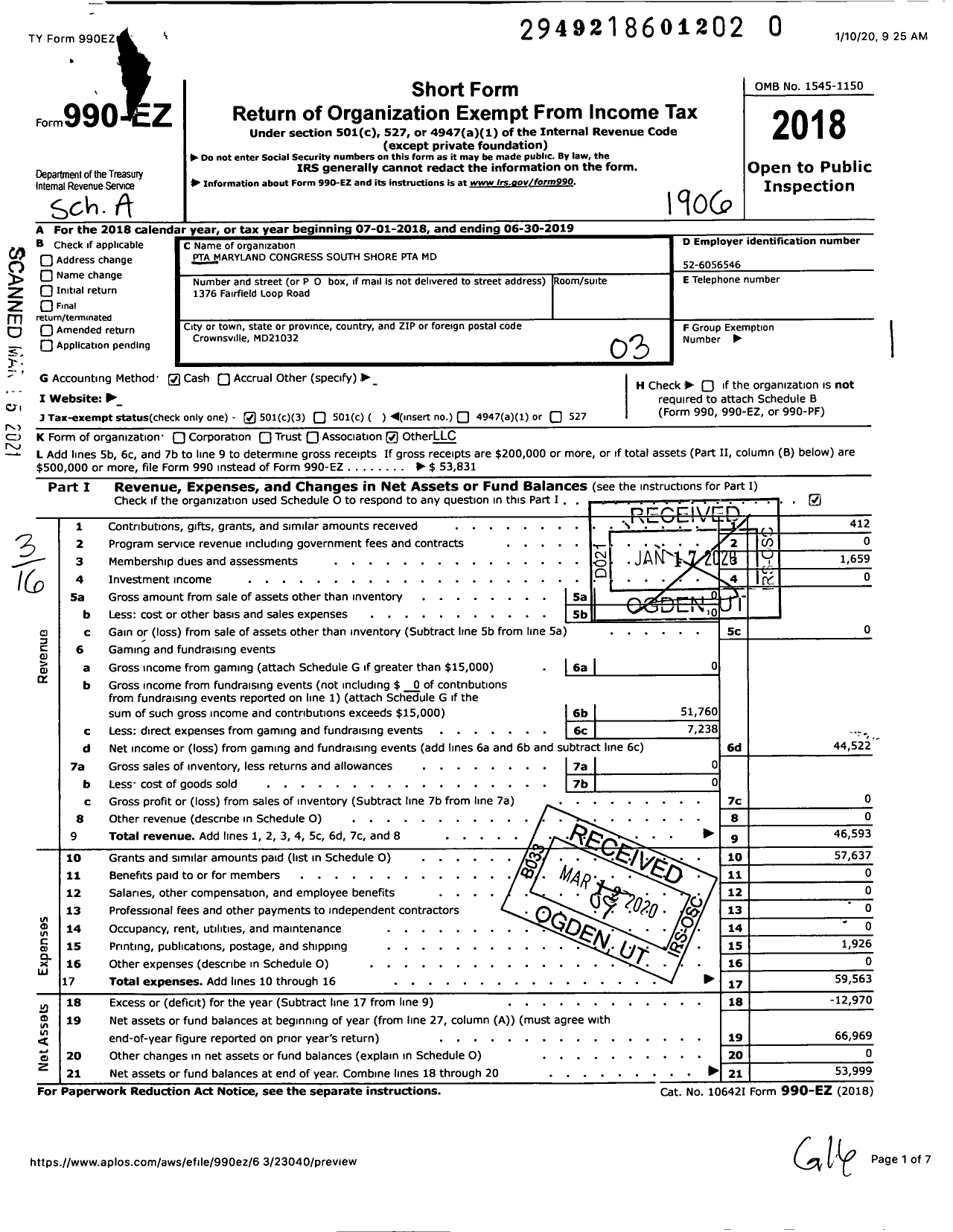 Image of first page of 2018 Form 990EZ for South Shore PTA