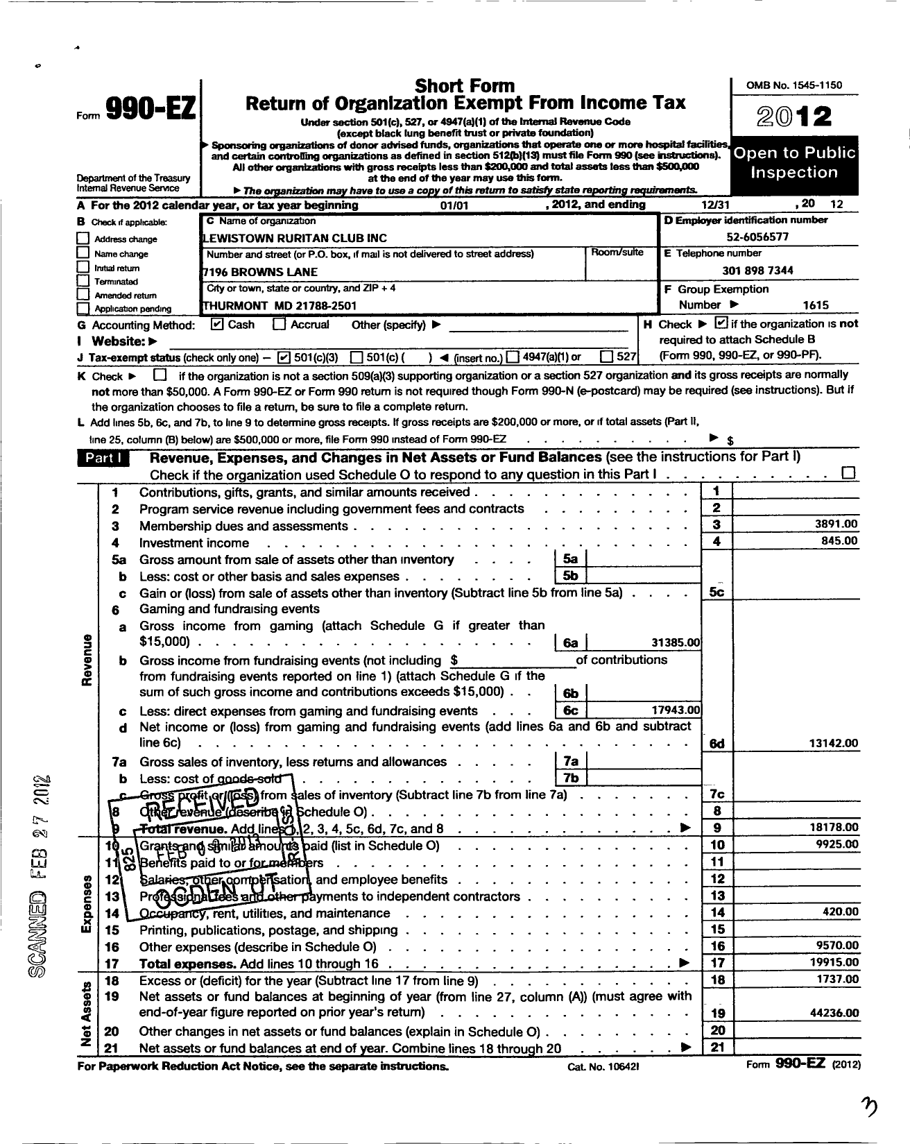 Image of first page of 2012 Form 990EZ for Ruritan - Lewistown